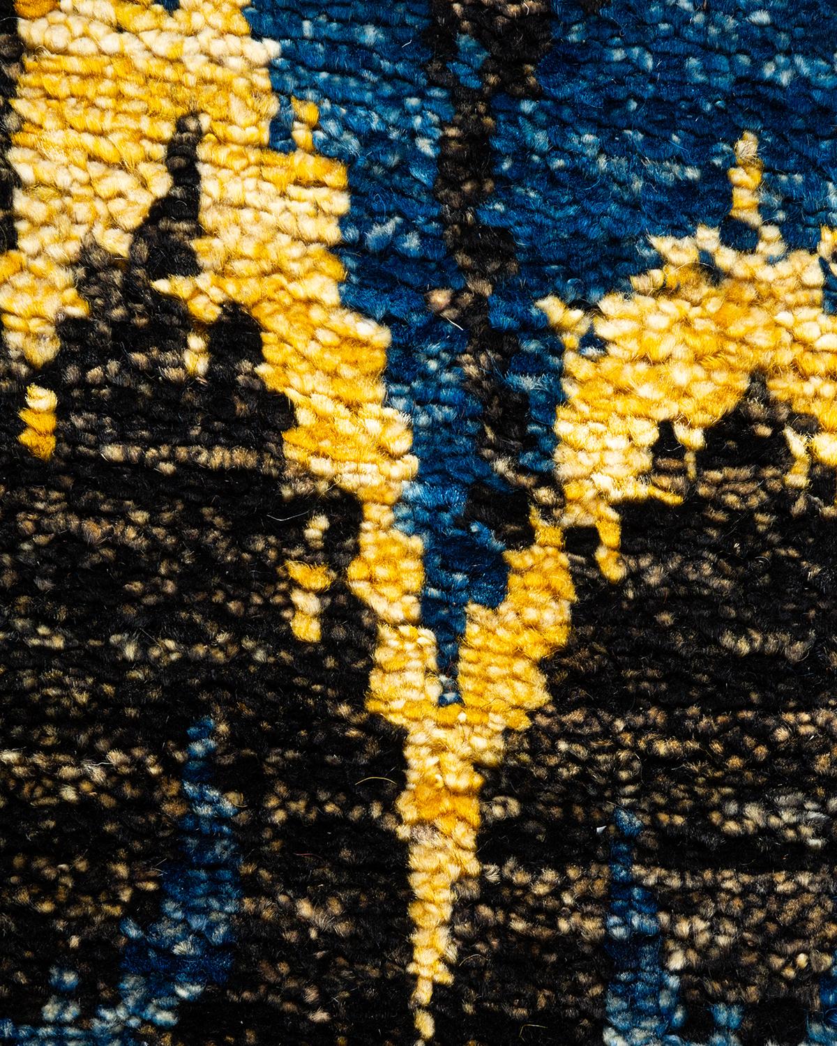Pakistani One-Of-A-Kind Hand Knotted Contemporary Ikat Modern Black Area Rug 4' 1