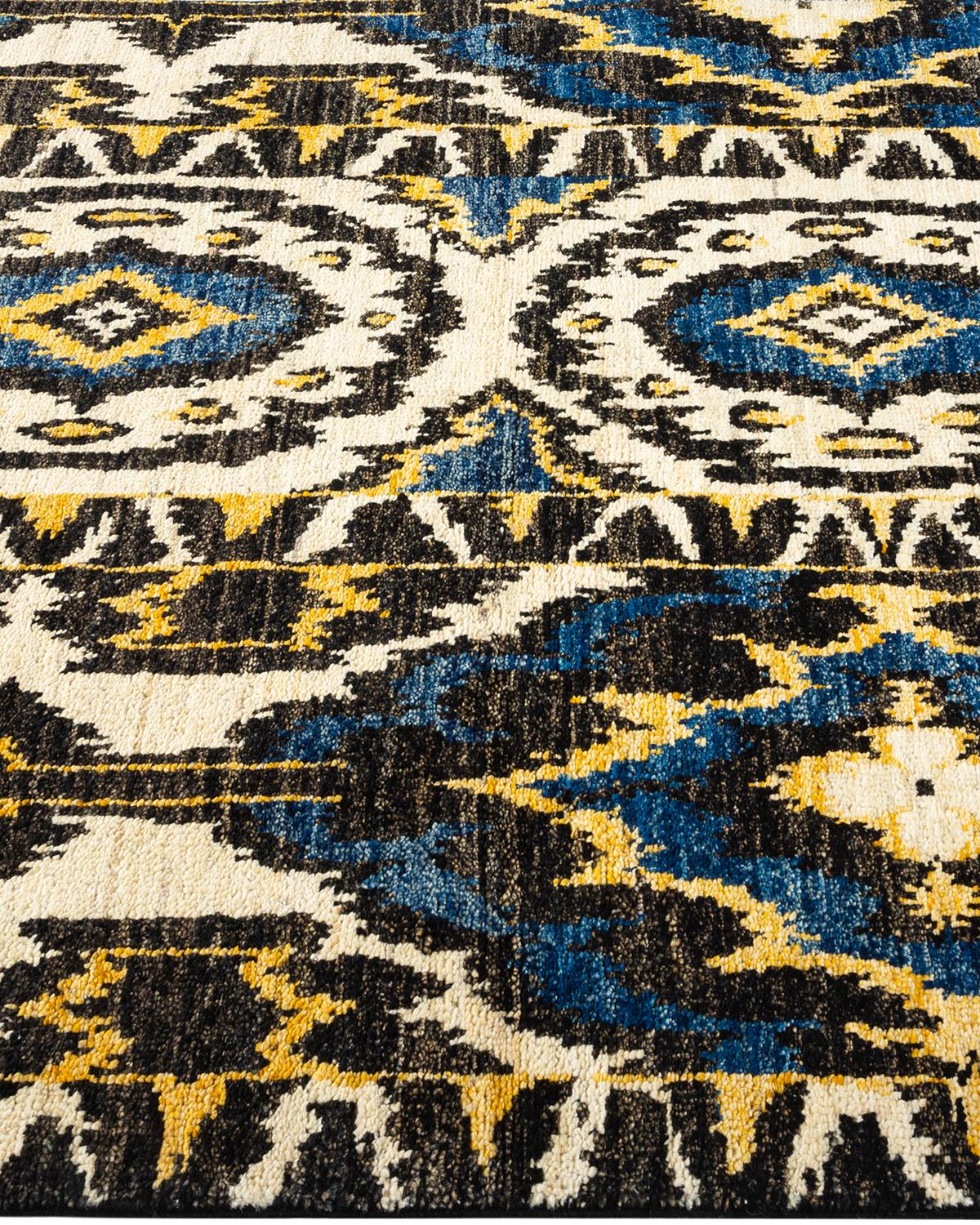 One-Of-A-Kind Hand Knotted Contemporary Ikat Modern Black Area Rug 4' 1