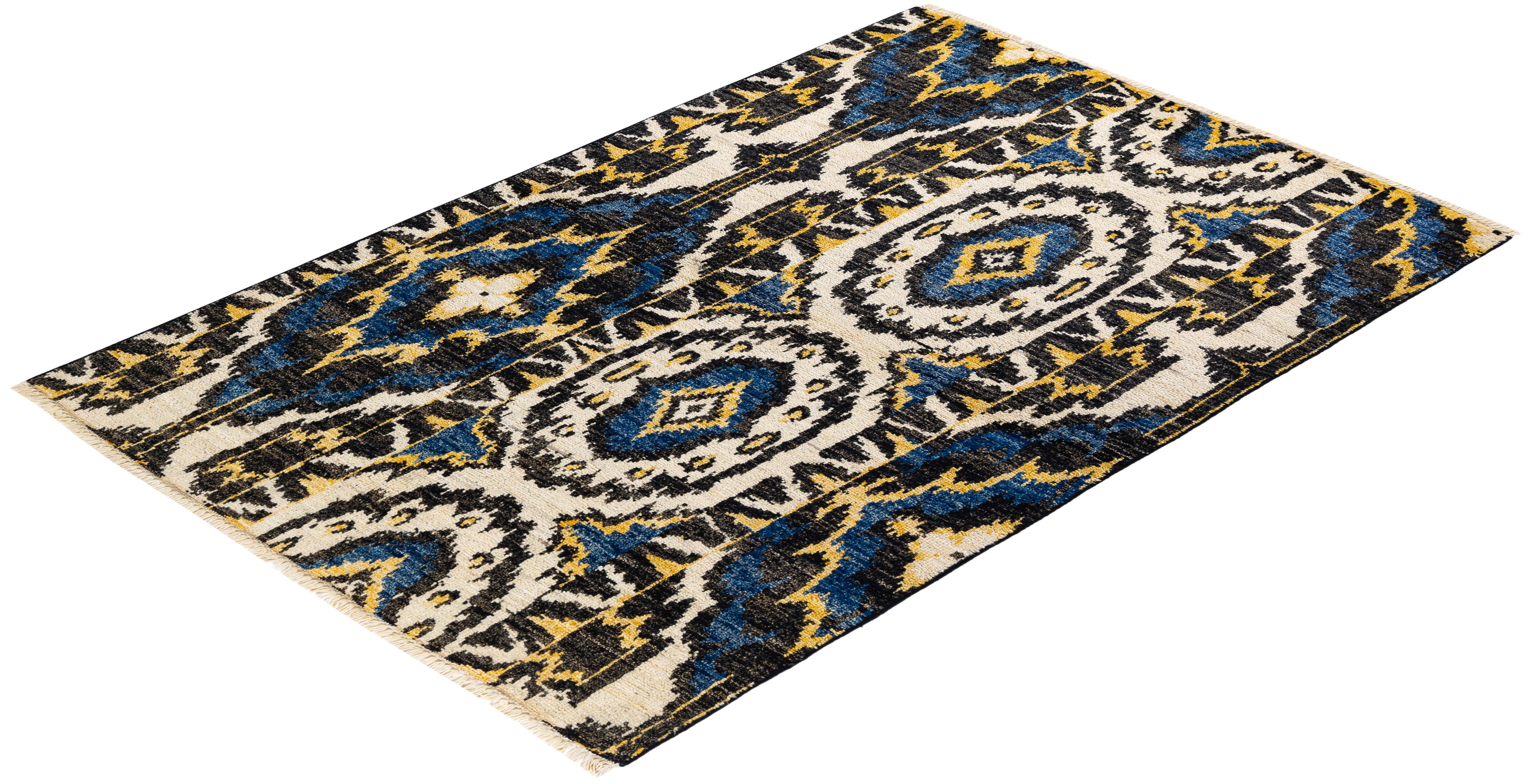 One-Of-A-Kind Hand Knotted Contemporary Ikat Modern Black Area Rug 4' 1