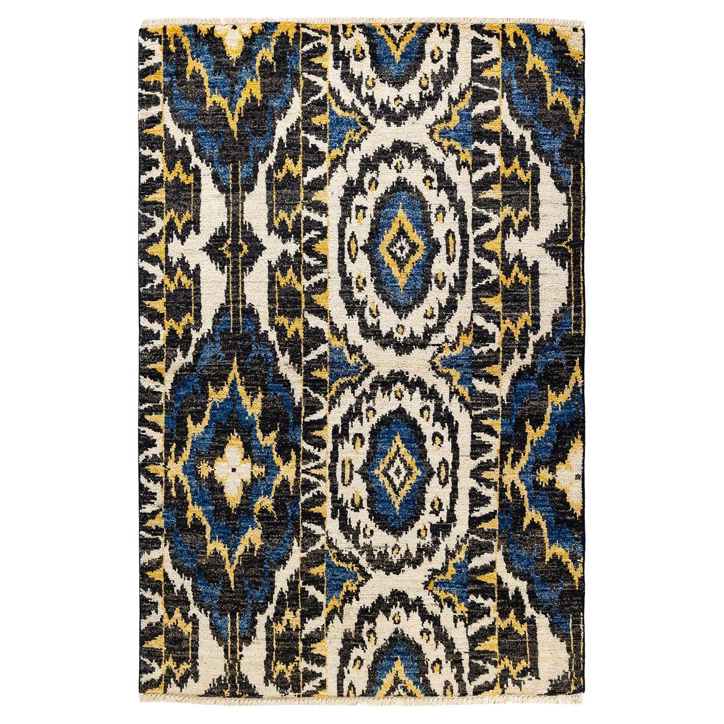 Alfombra negra contemporánea Ikat moderna, anudada a mano, única en su género 1,8 m x 1,8 m