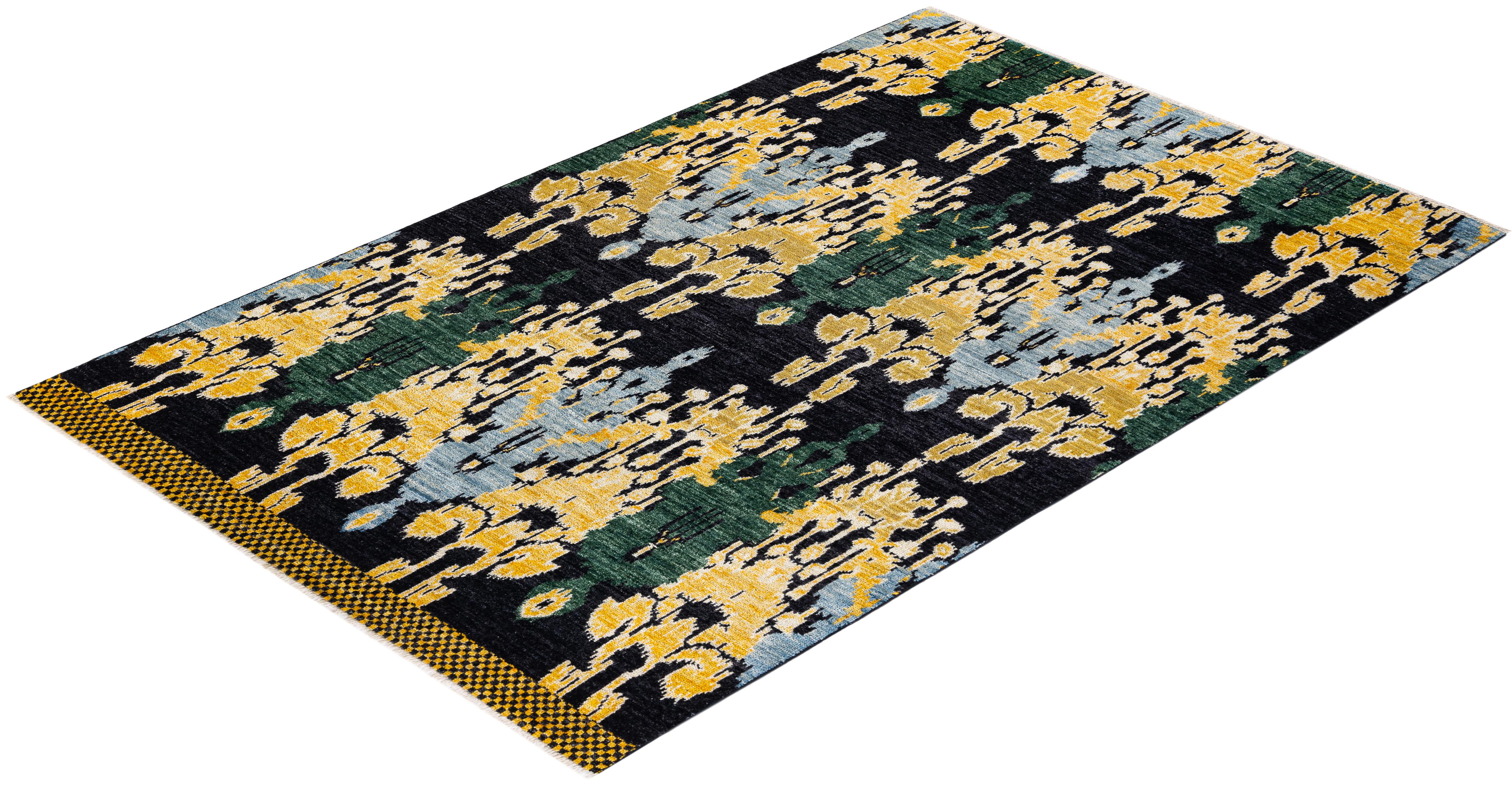 Handgeknüpfter zeitgenössischer schwarzer Ikat Modern-Teppich, Unikat, Unikat im Angebot 2
