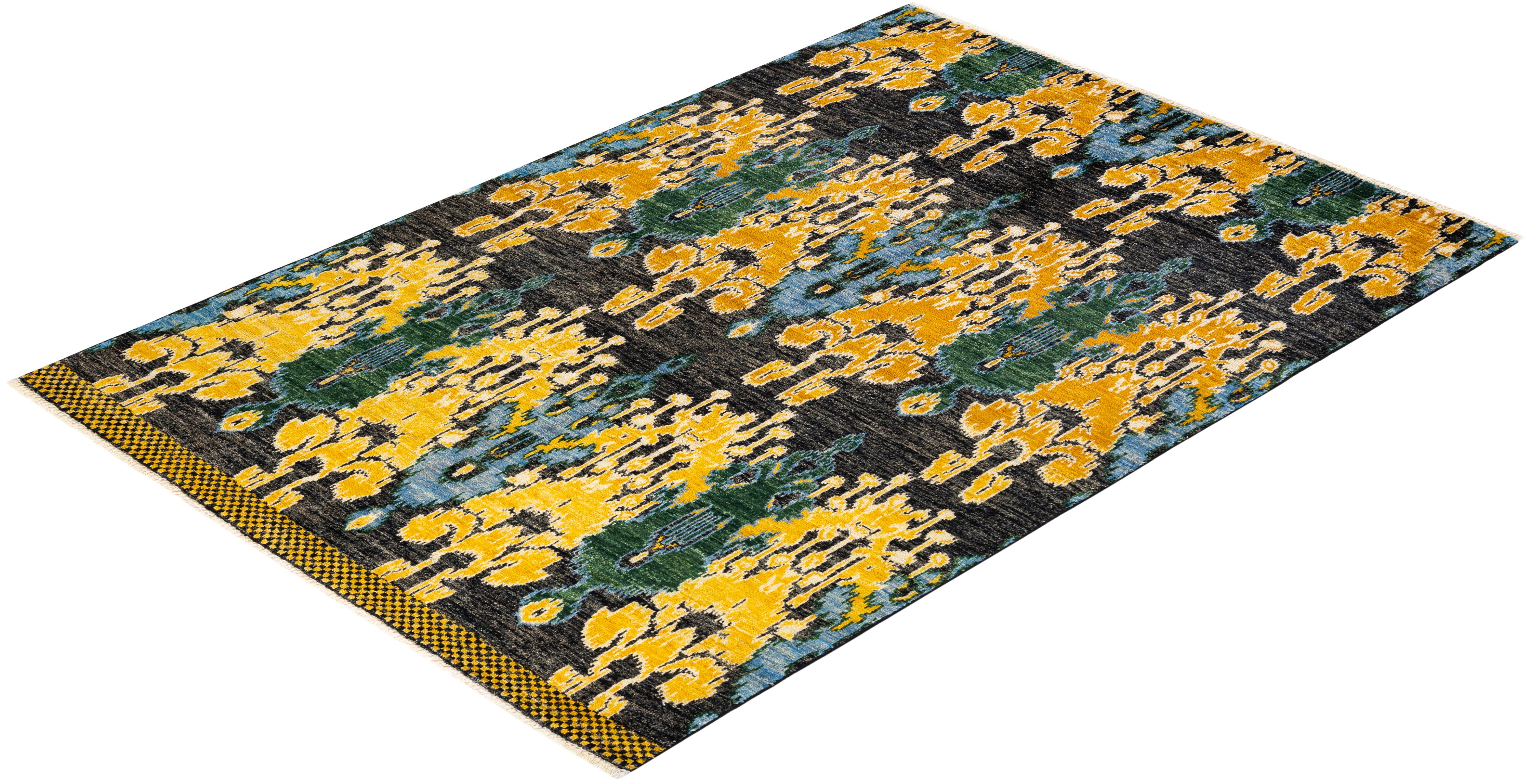 Handgeknüpfter zeitgenössischer schwarzer Ikat Modern-Teppich, Unikat, Unikat im Angebot 2