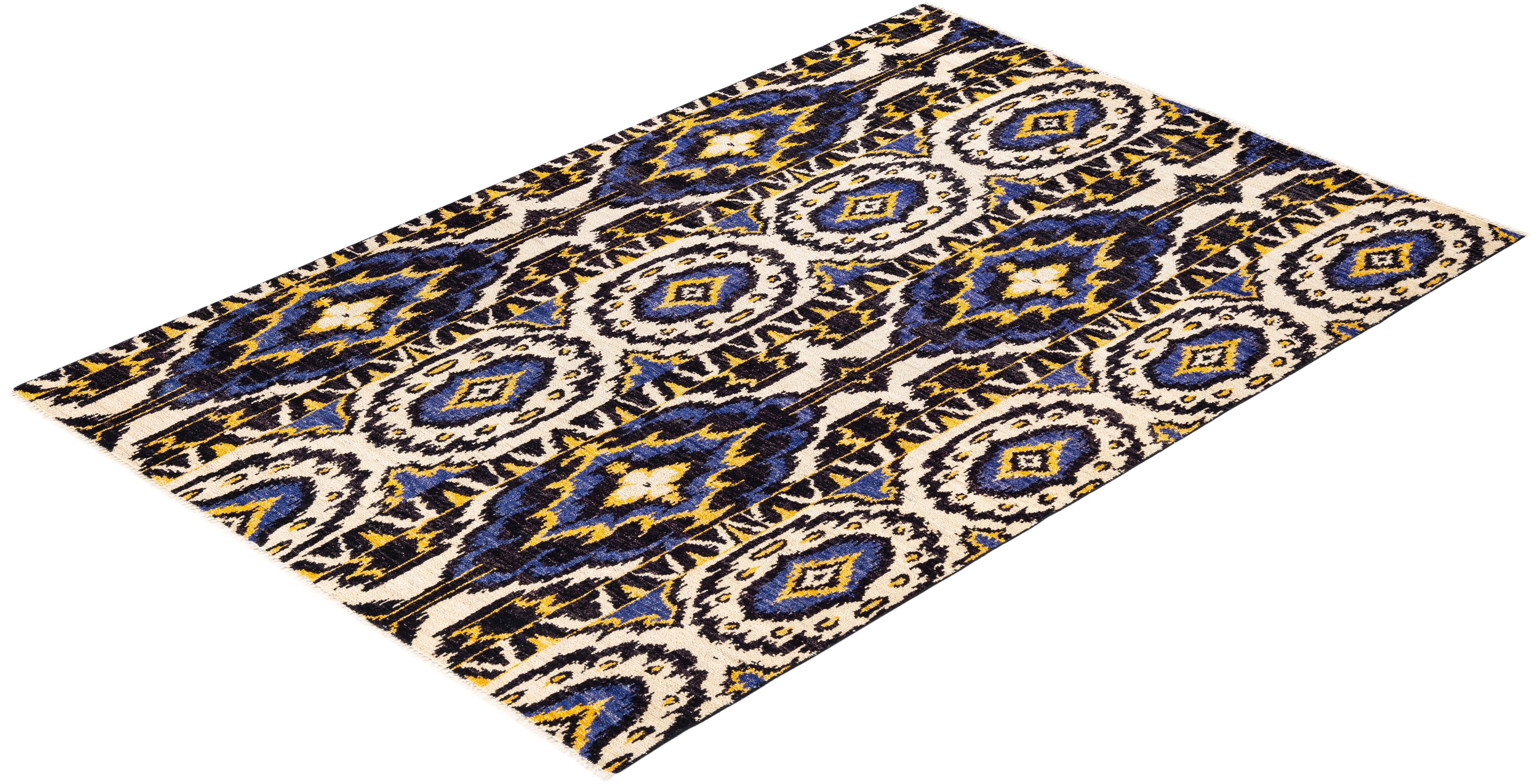 Handgeknüpfter zeitgenössischer schwarzer Ikat Modern-Teppich, Unikat, Unikat im Angebot 2