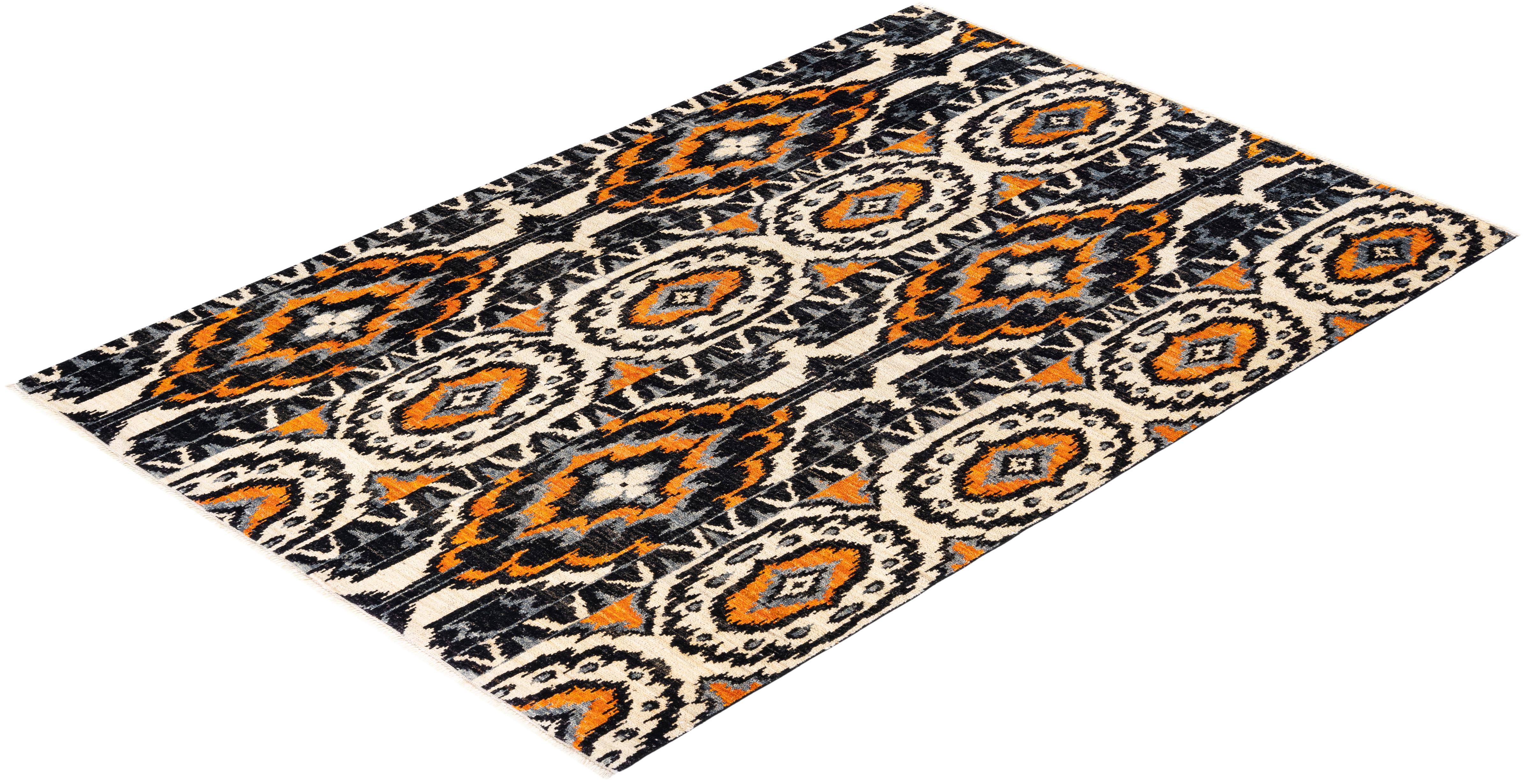 Unique en son genre Tapis contemporain Ikat moderne noir noué à la main en vente 2