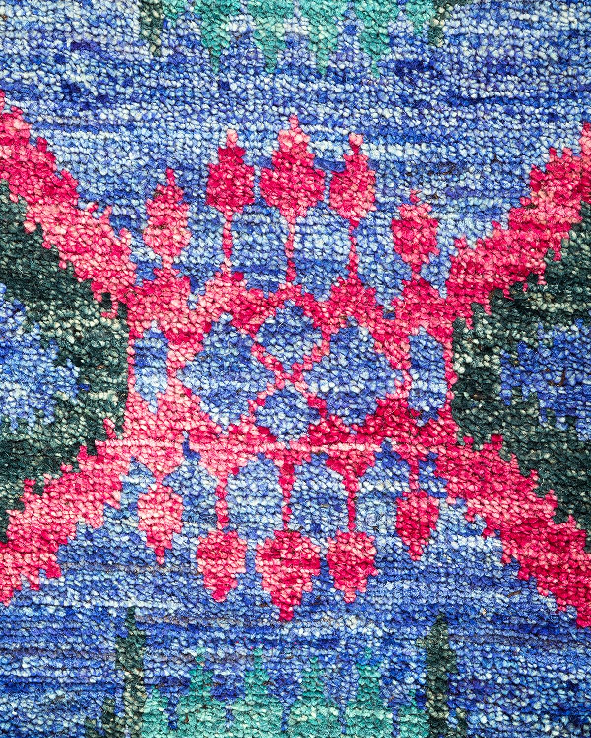 Pakistani One-of-a-kind Hand Knotted Contemporary Ikat Modern Blue Area Rug For Sale