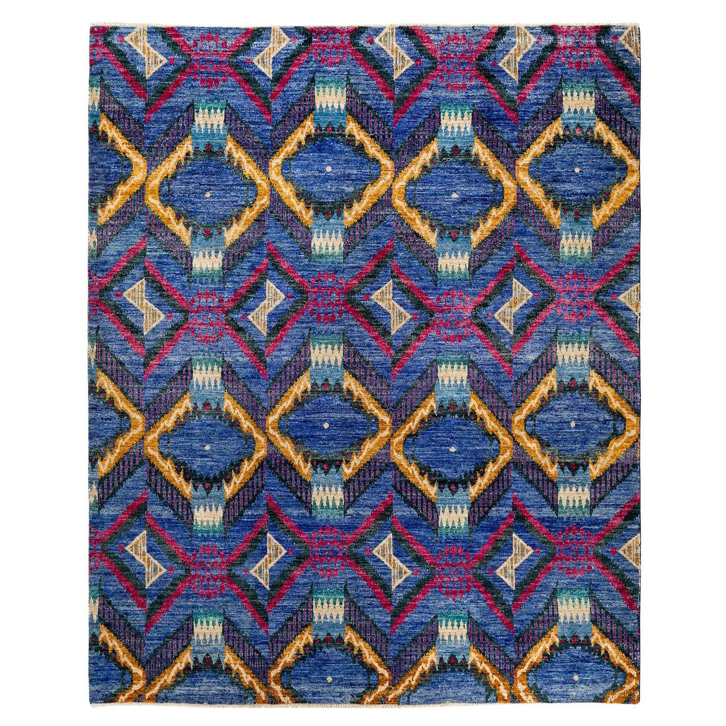 One-of-a-kind Hand Knotted Contemporary Ikat Modern Blue Area Rug For Sale