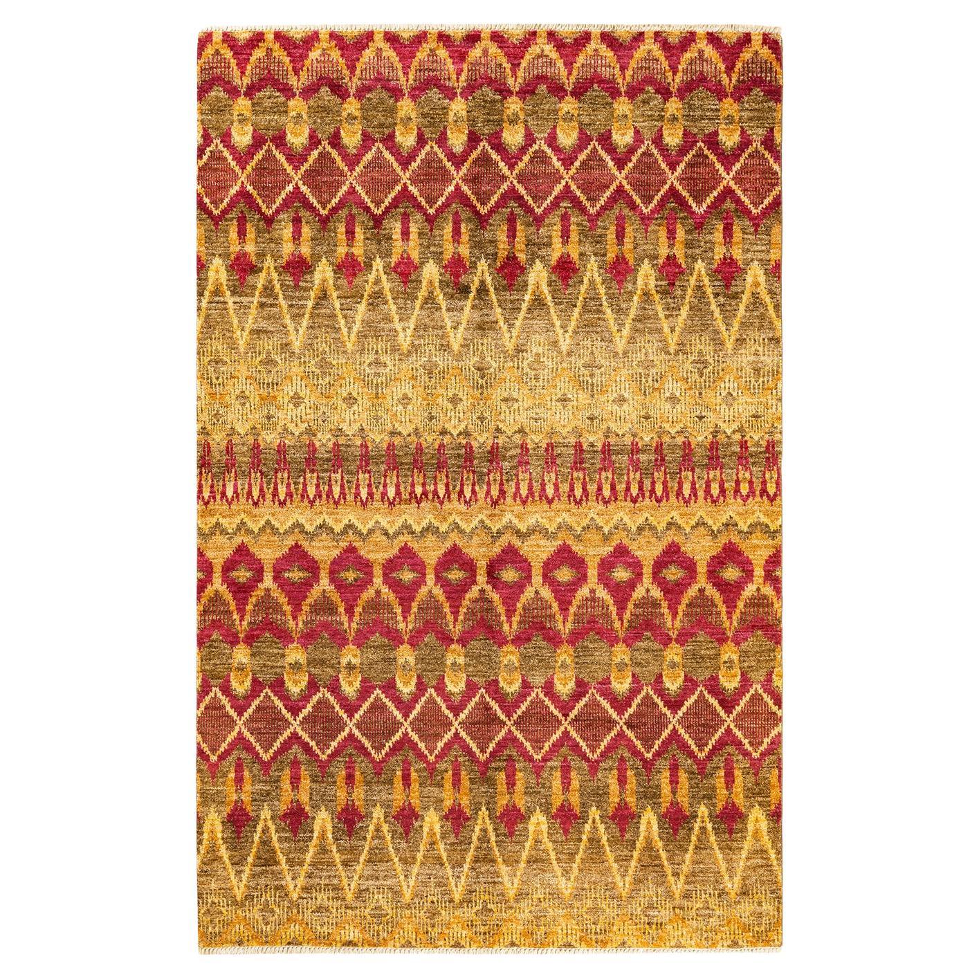 Oneofakind Hand Knotted Contemporary Ikat Modern Pink Area Rug For