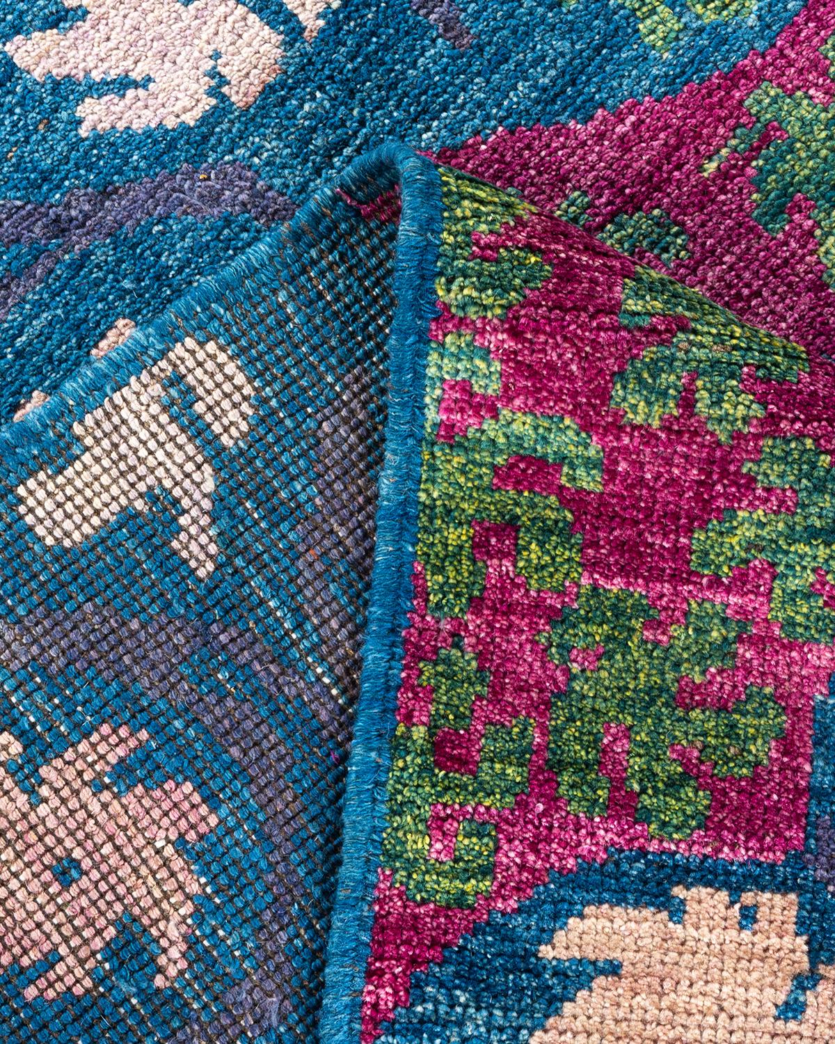 Alfombra verde moderna Ikat anudada a mano única en su género Lana en venta