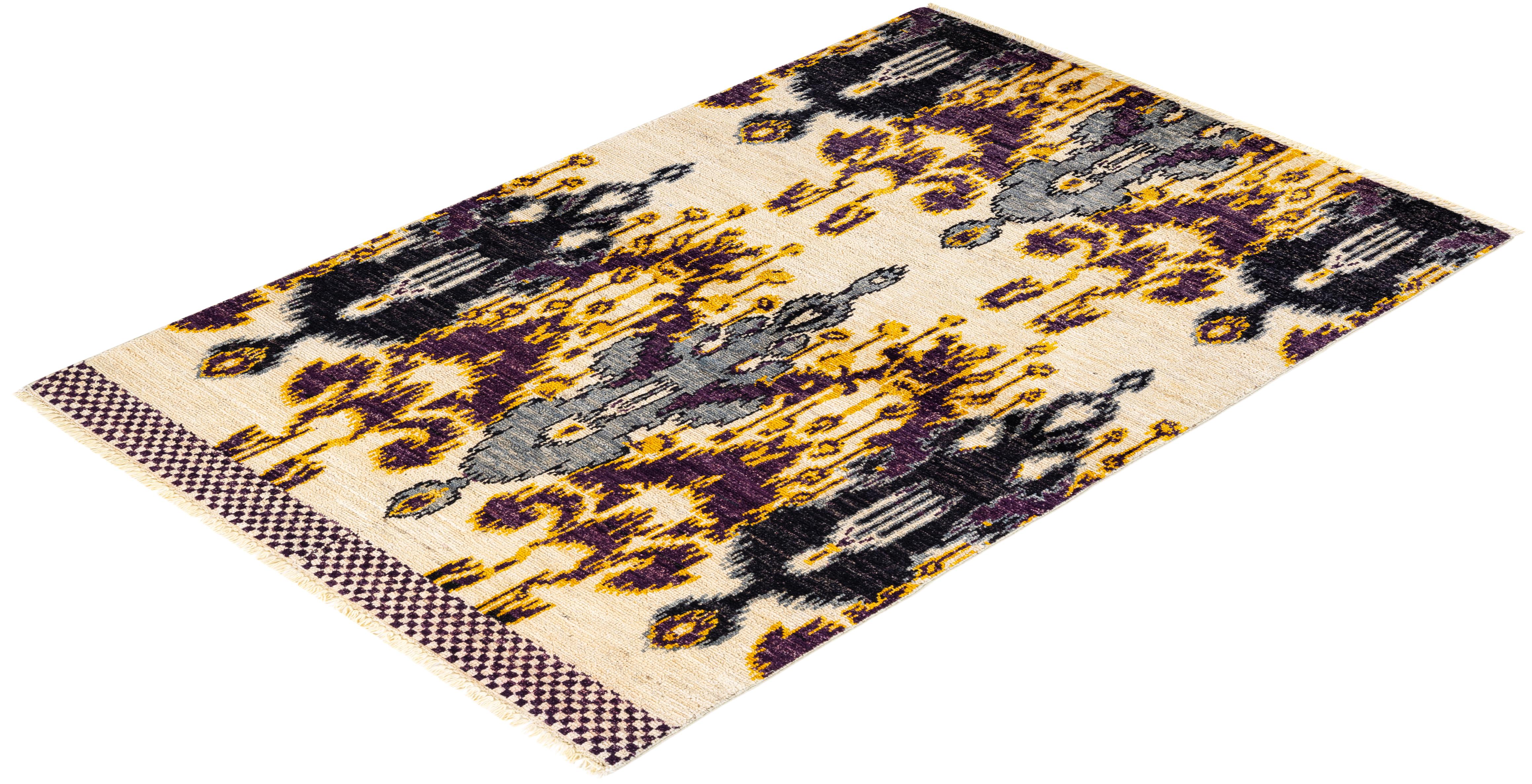 Handgeknüpfter zeitgenössischer Ikat Modern Elfenbeinfarbener Teppich, Unikat, Unikat im Angebot 2