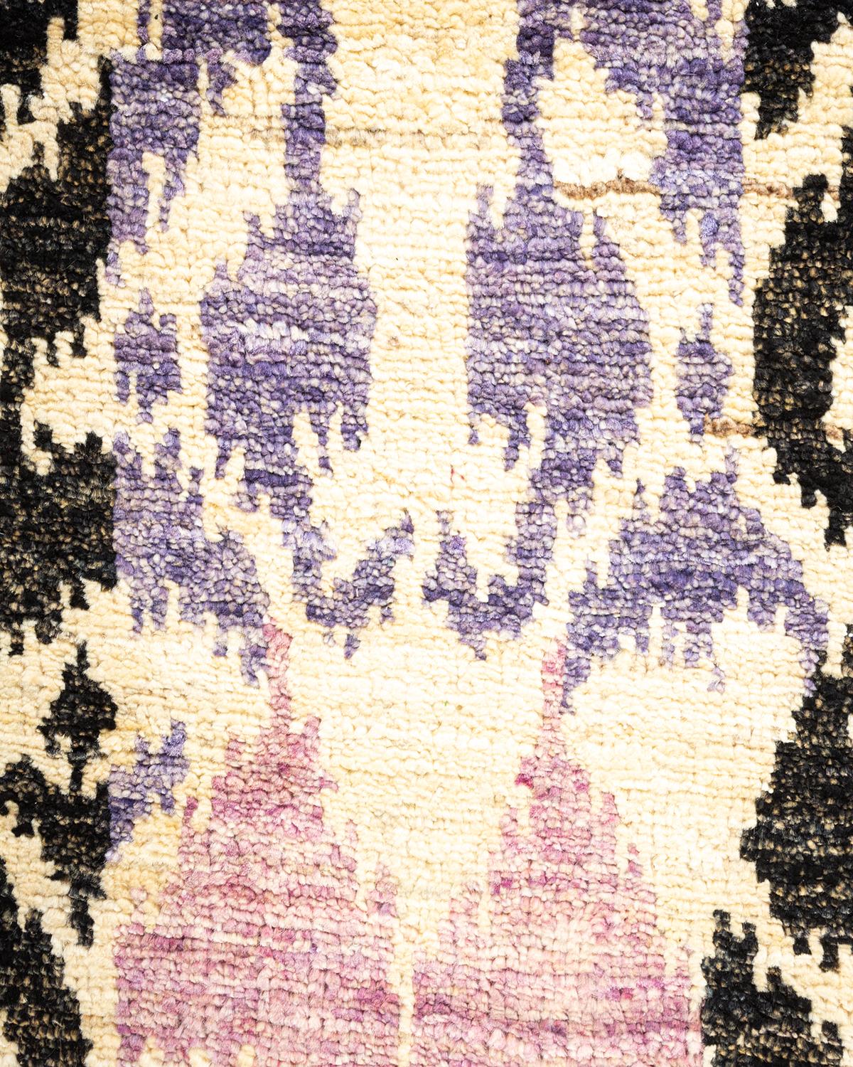 Pakistani One-of-a-Kind Hand Knotted Contemporary Ikat Modern Ivory Area Rug For Sale
