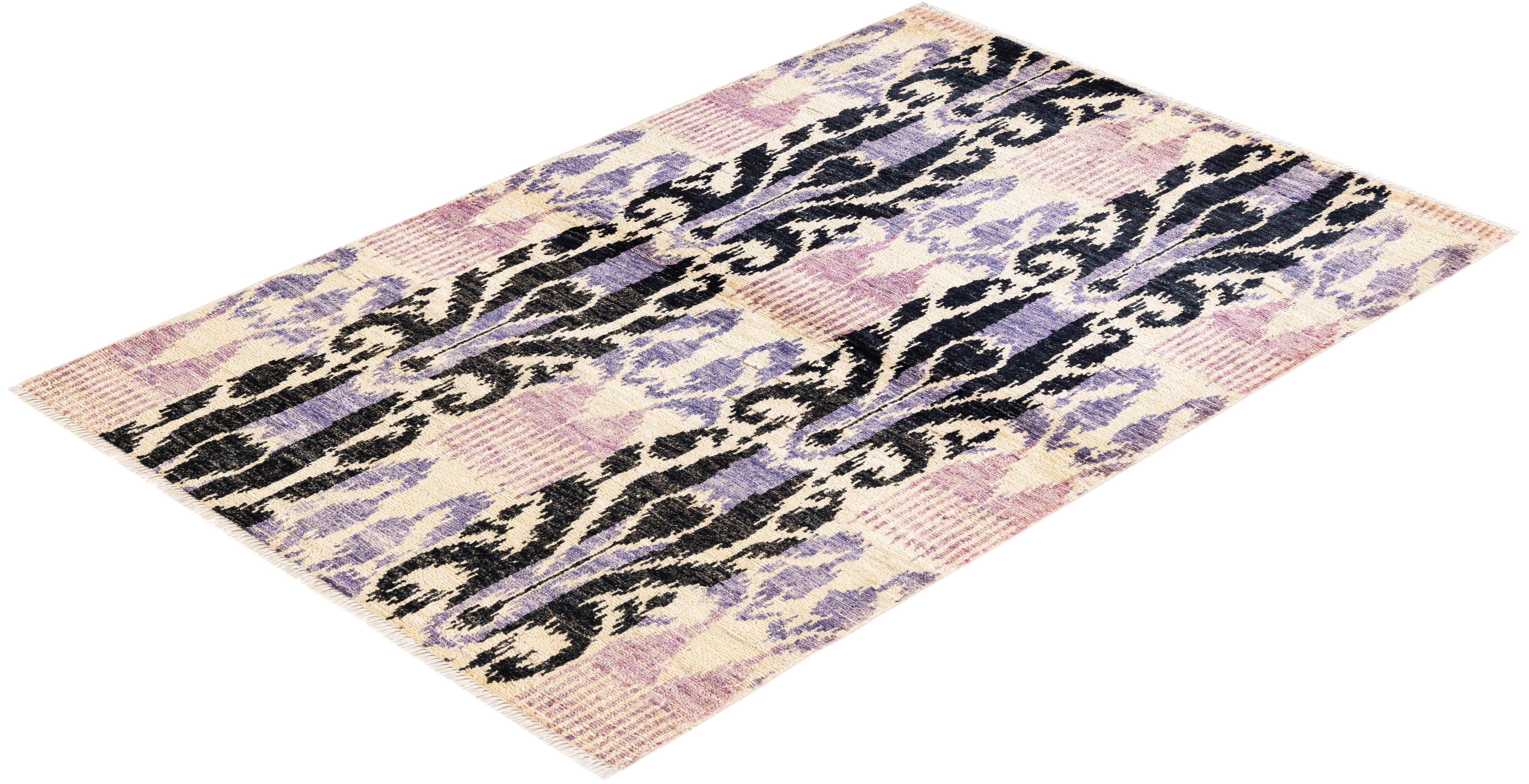 One-of-a-Kind Hand Knotted Contemporary Ikat Modern Ivory Area Rug For Sale 3
