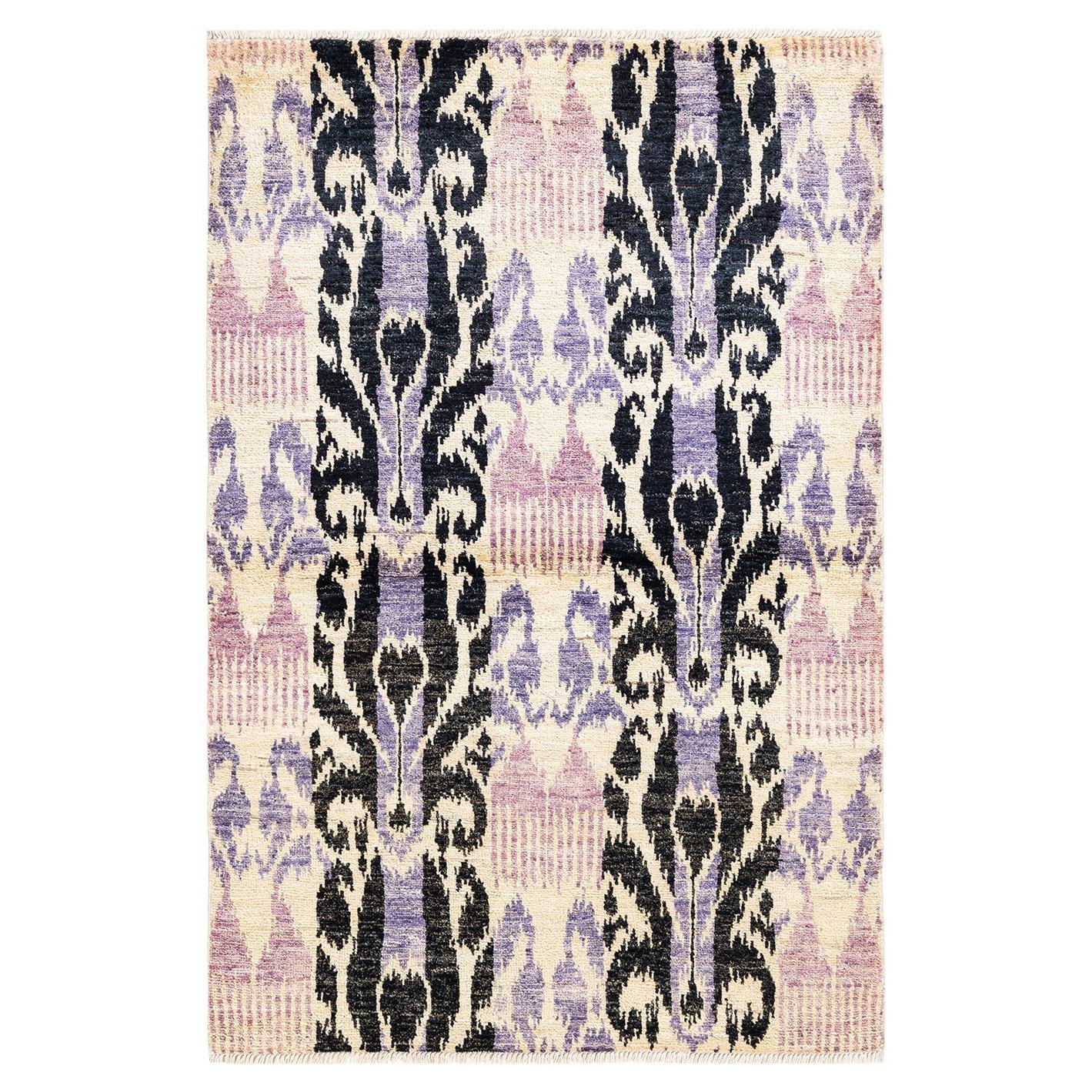 One-of-a-Kind Hand Knotted Contemporary Ikat Modern Ivory Area Rug For Sale
