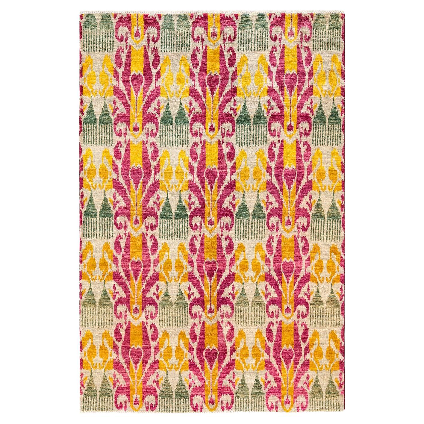 One-of-a-Kind Hand Knotted Contemporary Ikat Modern Ivory Area Rug