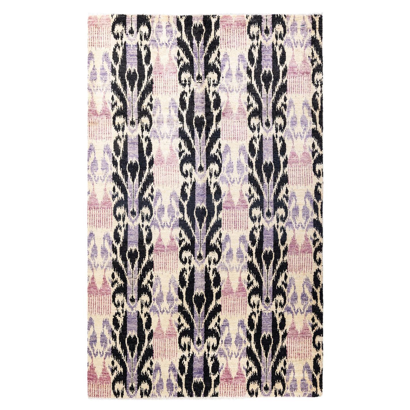 One-Of-A-Kind Hand Knotted Contemporary Ikat Modern Ivory Area Rug 6' 0" x 9' 3" For Sale