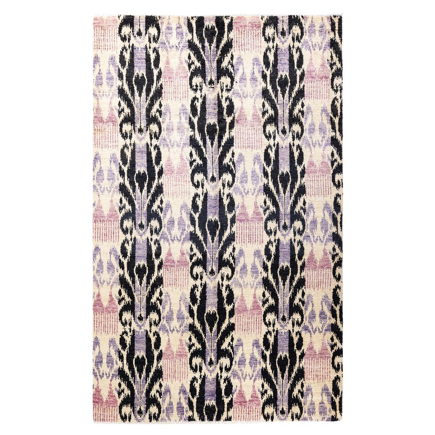 Tapis contemporain Ikat moderne ivoire noué à la main unique en son genre Tapis de zone 6' 0"" x 9' 3"