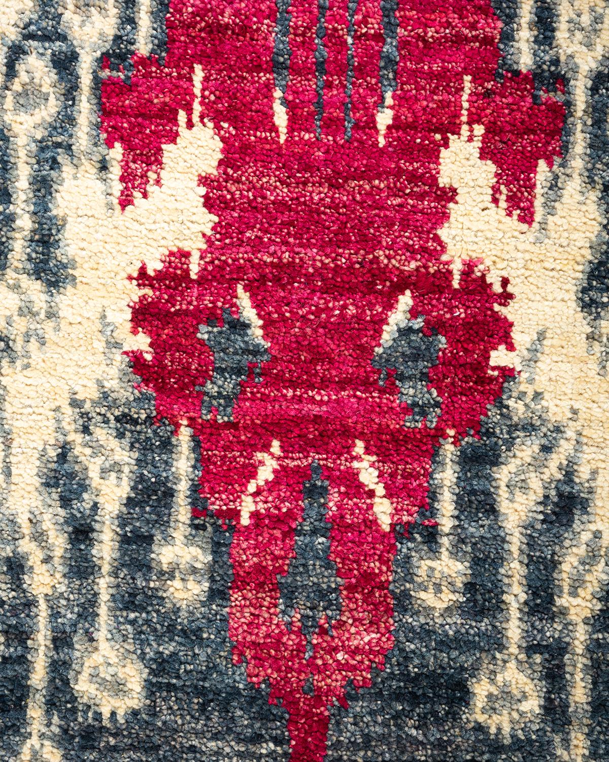 Pakistani One-of-a-kind Hand Knotted Contemporary Ikat Modern Ivory Area Rug For Sale