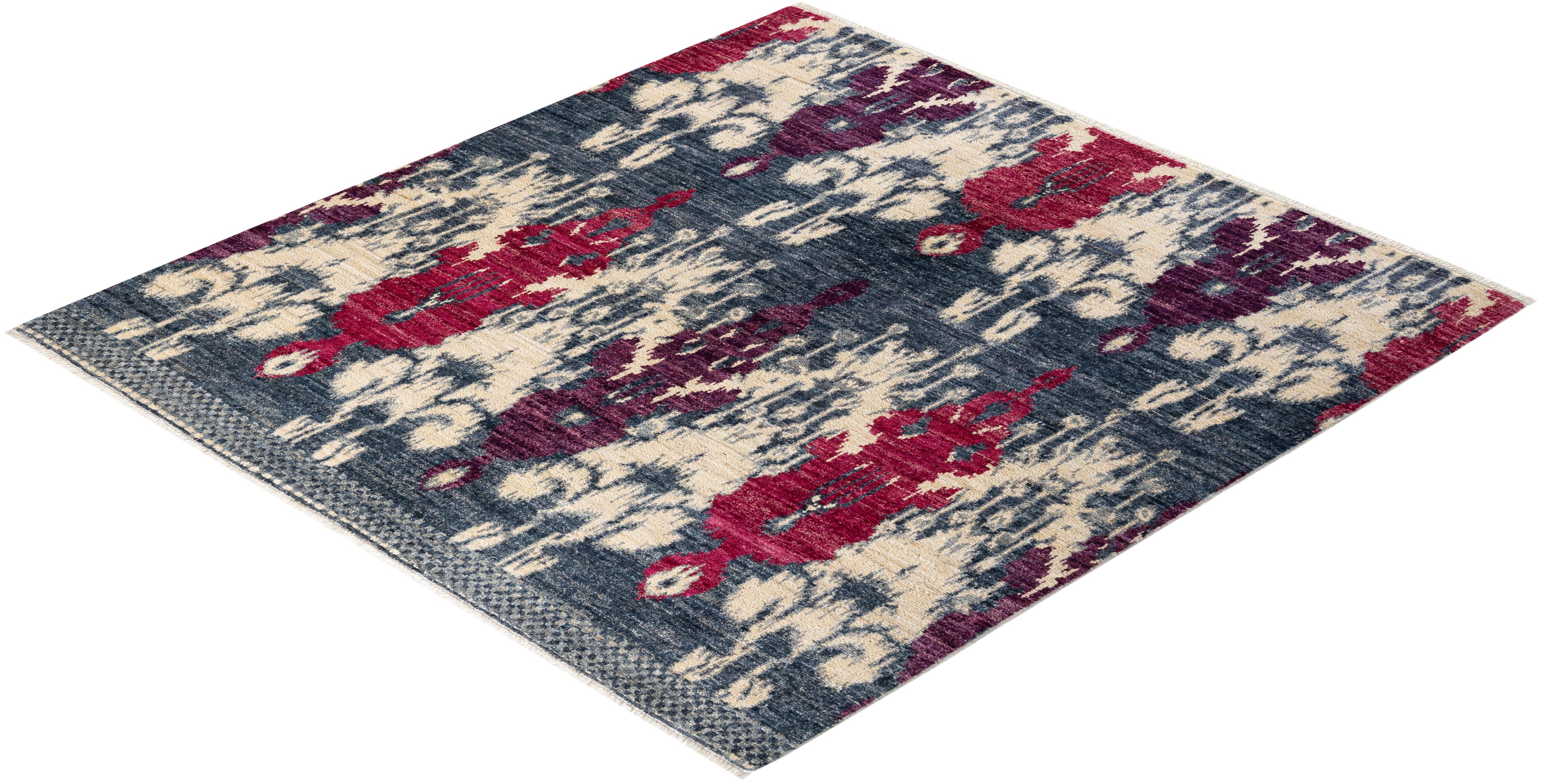 One-of-a-kind Hand Knotted Contemporary Ikat Modern Ivory Area Rug For Sale 3