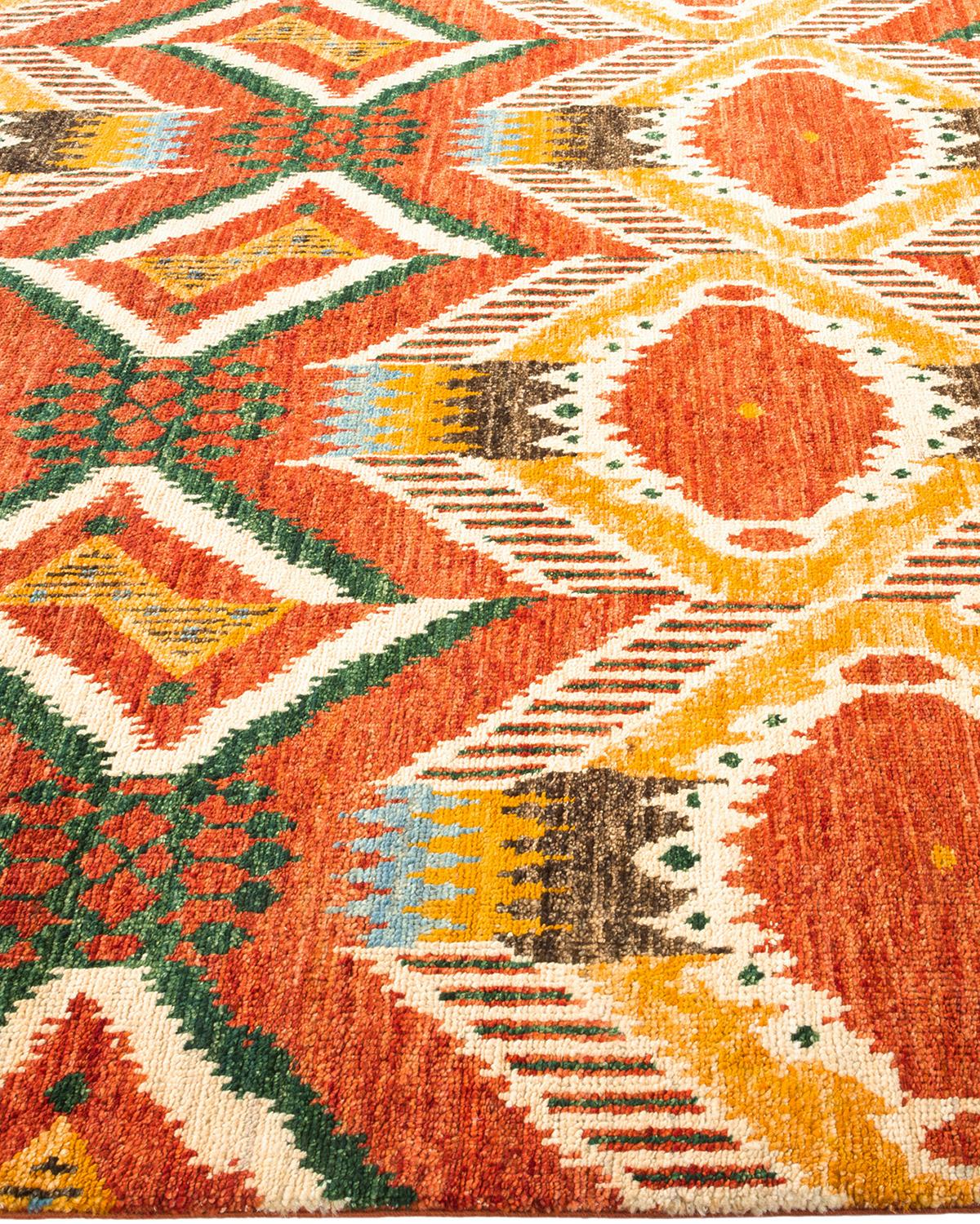 One-of-a-Kind Hand Knotted Contemporary Ikat Modern Red Area Rug In New Condition For Sale In Norwalk, CT