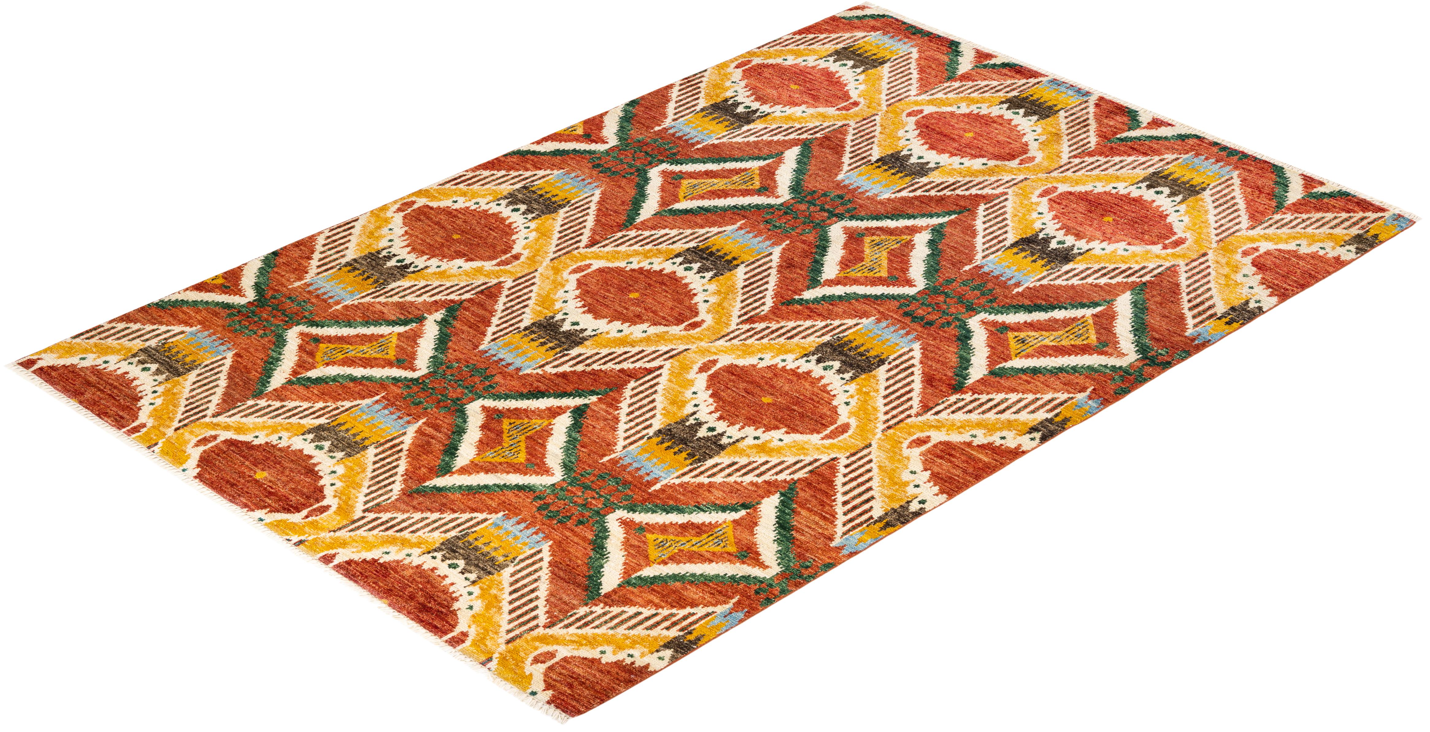 One-of-a-Kind Hand Knotted Contemporary Ikat Modern Red Area Rug For Sale 3