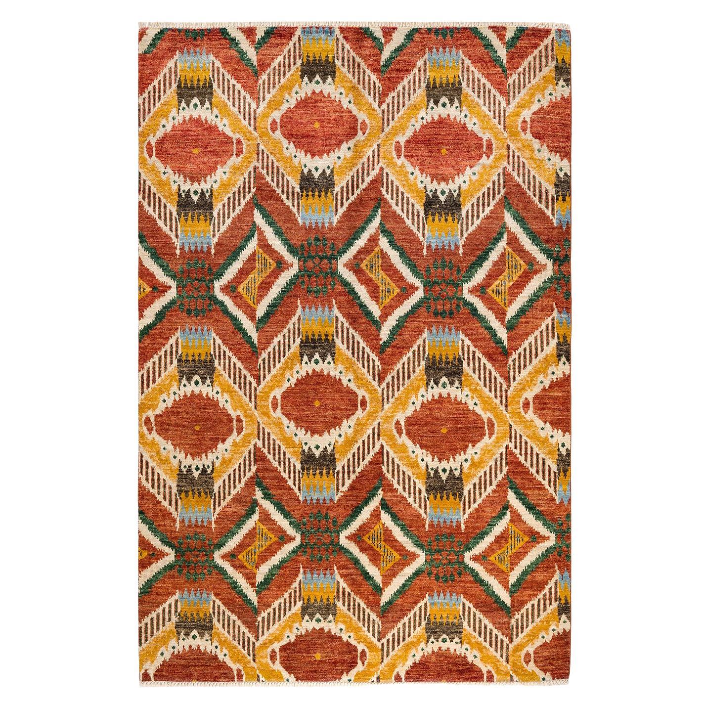 One-of-a-Kind Hand Knotted Contemporary Ikat Modern Red Area Rug