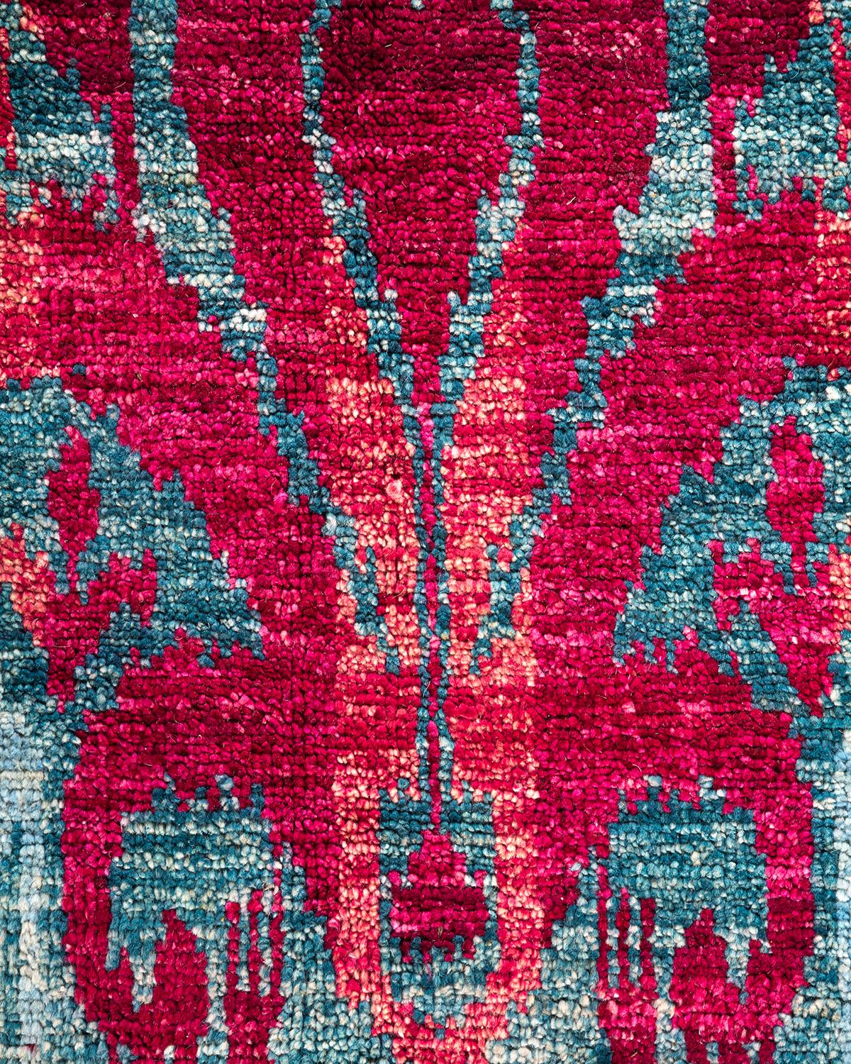 Pakistani One-of-a-kind Hand Knotted Contemporary Ikat Modern Red Area Rug For Sale