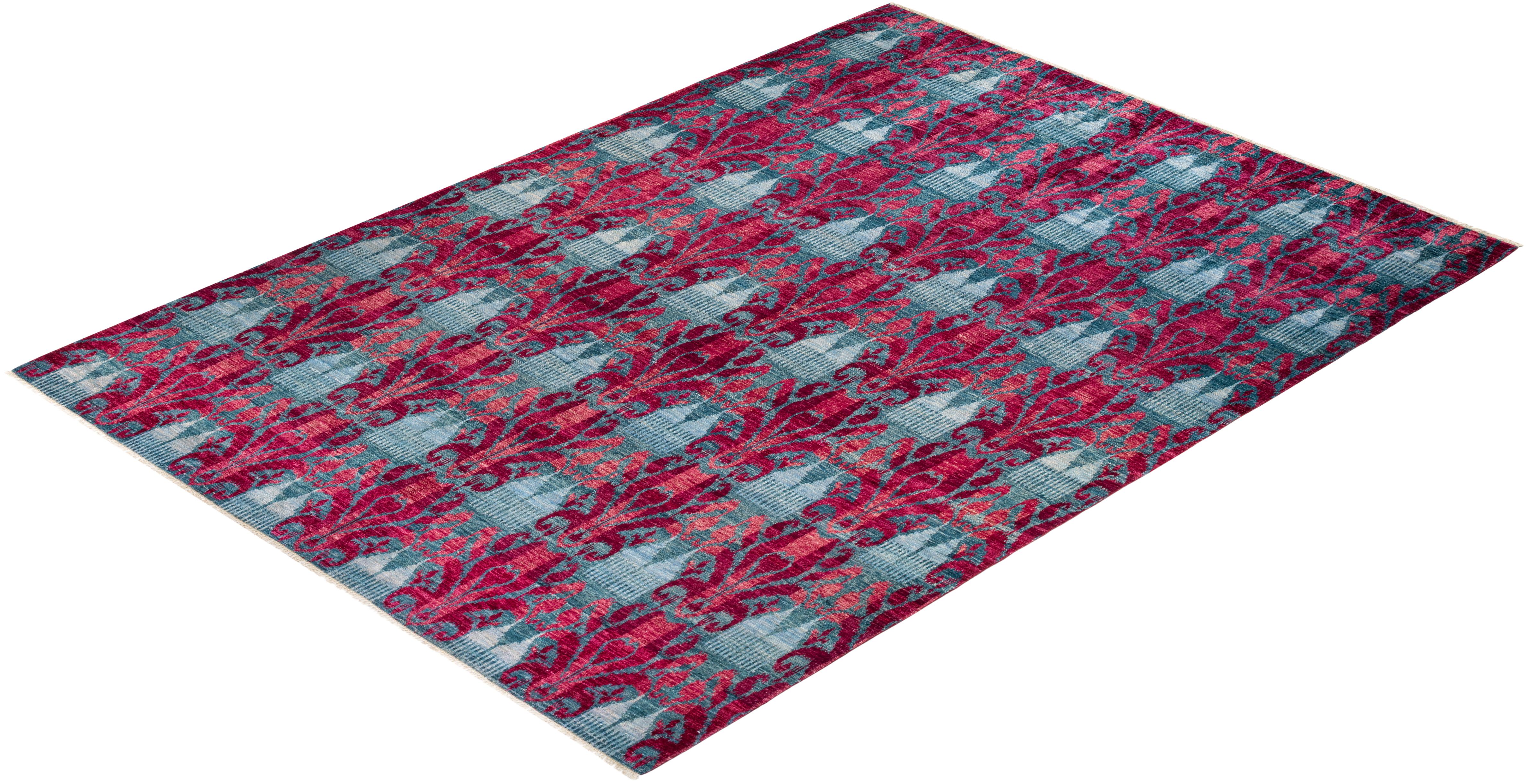 One-of-a-kind Hand Knotted Contemporary Ikat Modern Red Area Rug For Sale 3
