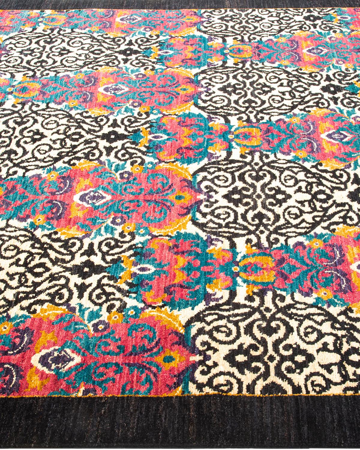 One-of-a-kind Hand Knotted Contemporary Ikat Suzani Black Area Rug In New Condition For Sale In Norwalk, CT