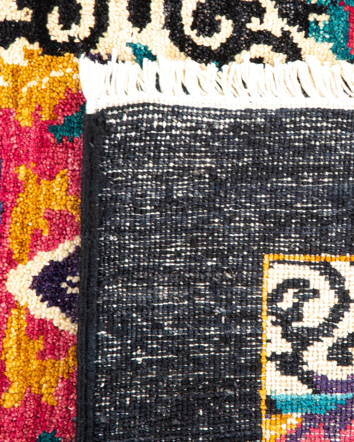 Wool One-of-a-kind Hand Knotted Contemporary Ikat Suzani Black Area Rug For Sale