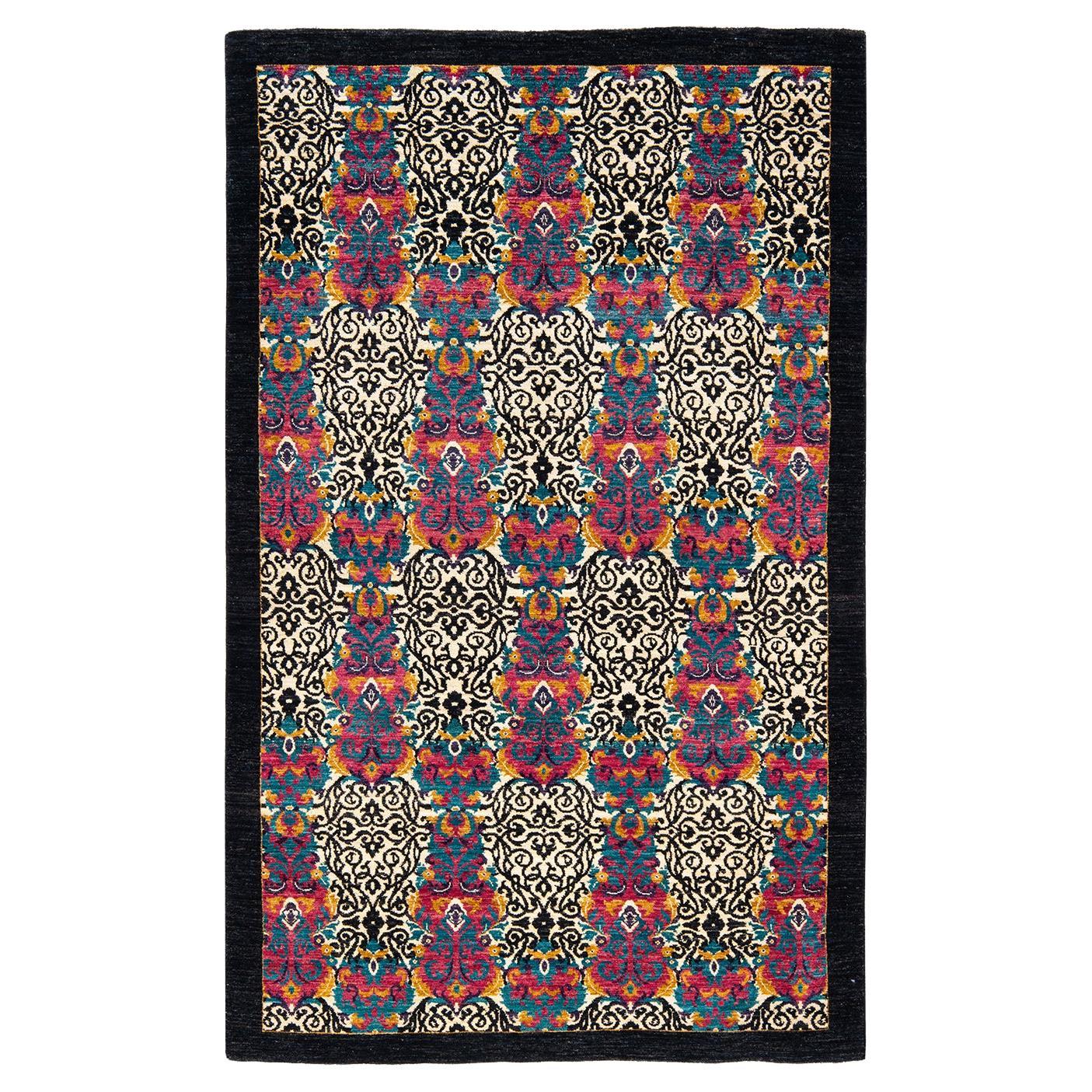 One-of-a-kind Hand Knotted Contemporary Ikat Suzani Black Area Rug
