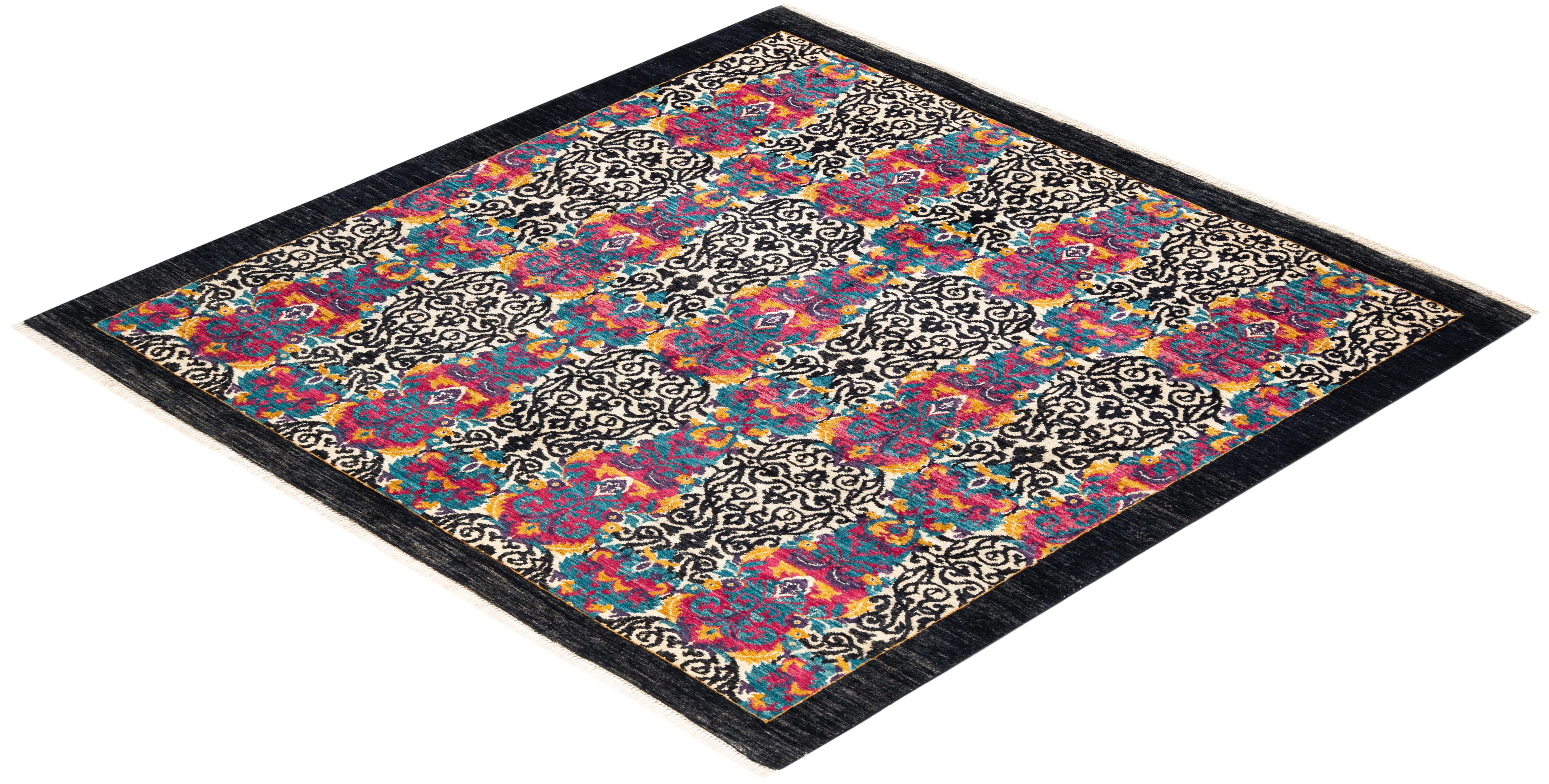 Alfombra contemporánea Ikat Suzani negra anudada a mano única en su género en venta 2