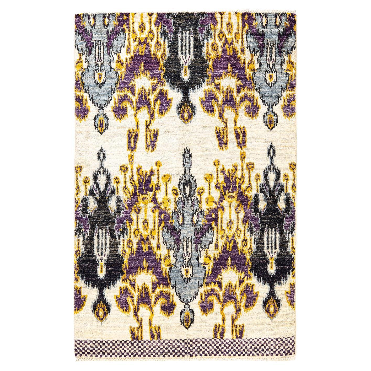 One-of-a-kind Hand Knotted Contemporary Modern Ikat Ivory Area Rug