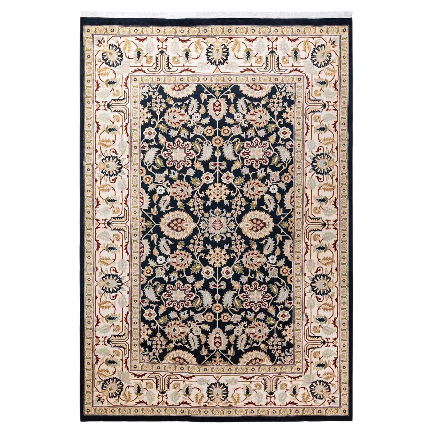 One of a Kind Hand Knotted Contemporary Oriental Eclectic Black Area Rug For Sale