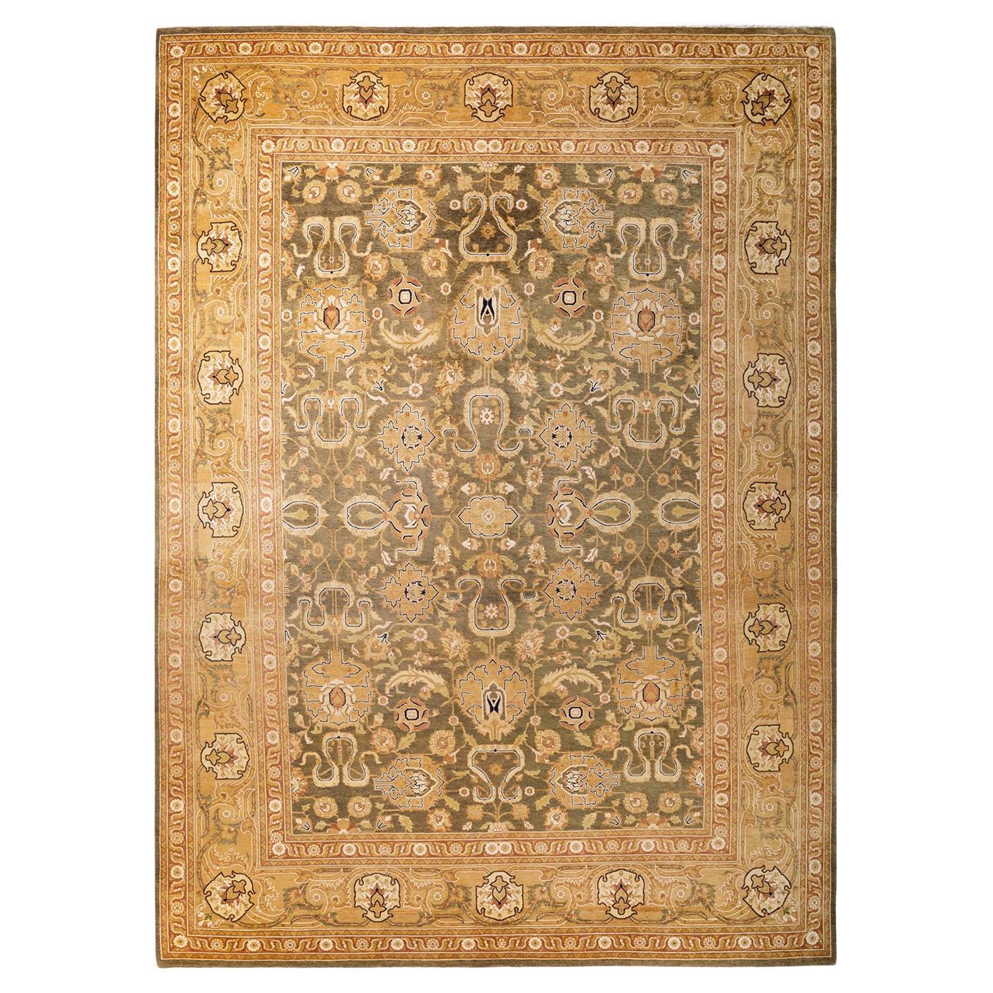 One of a Kind Hand Knotted Contemporary Oriental Eclectic Green Area Rug