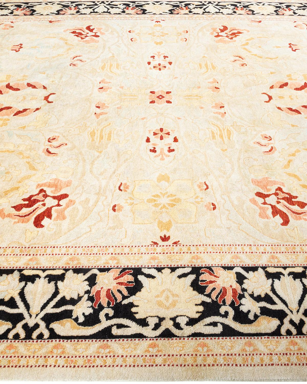 One of a Kind Hand Knotted Contemporary Oriental Eclectic Ivory Area Rug  In New Condition For Sale In Norwalk, CT