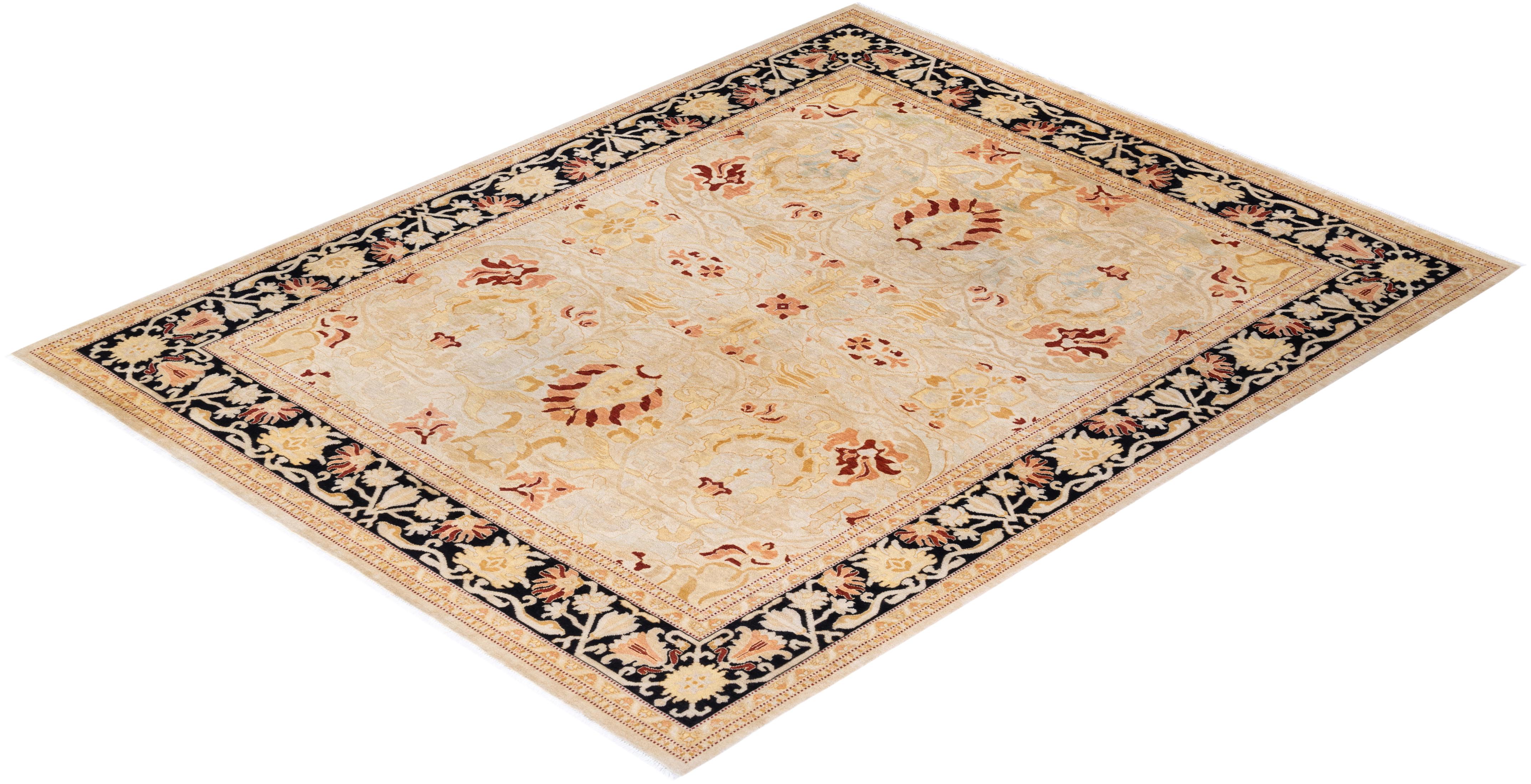 One of a Kind Hand Knotted Contemporary Oriental Eclectic Ivory Area Rug  For Sale 3