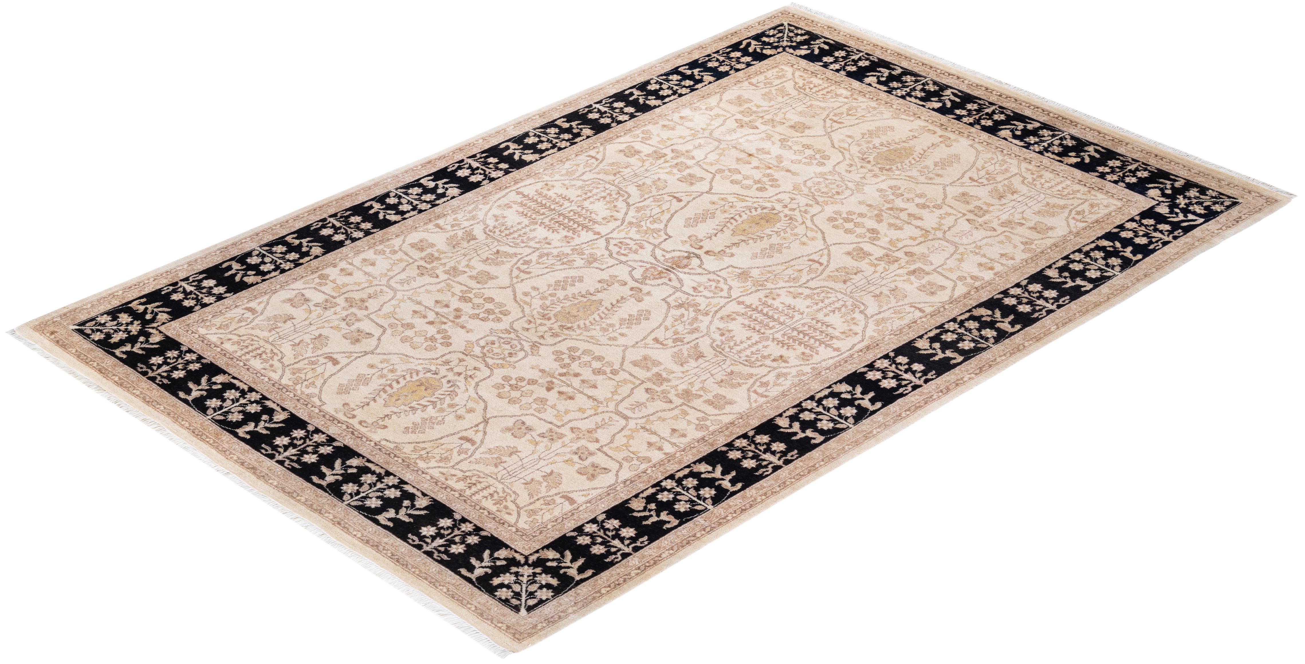 One of a Kind Hand Knotted Contemporary Oriental Eclectic Ivory Area Rug  For Sale 3