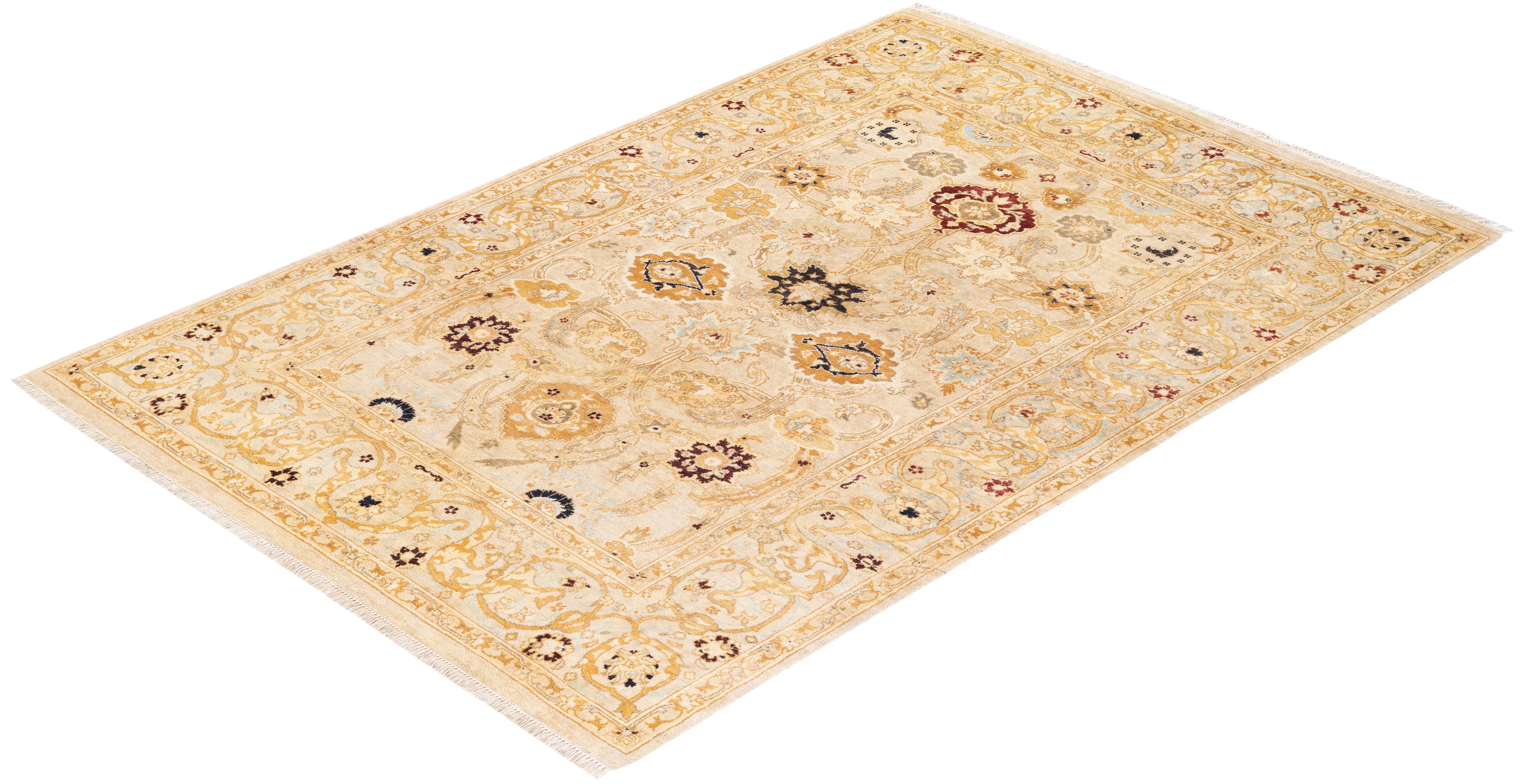 One of a Kind Hand Knotted Contemporary Oriental Eclectic Ivory Area Rug For Sale 3
