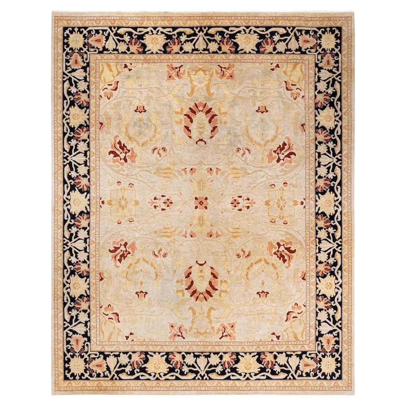 One of a Kind Hand Knotted Contemporary Oriental Eclectic Ivory Area Rug  For Sale