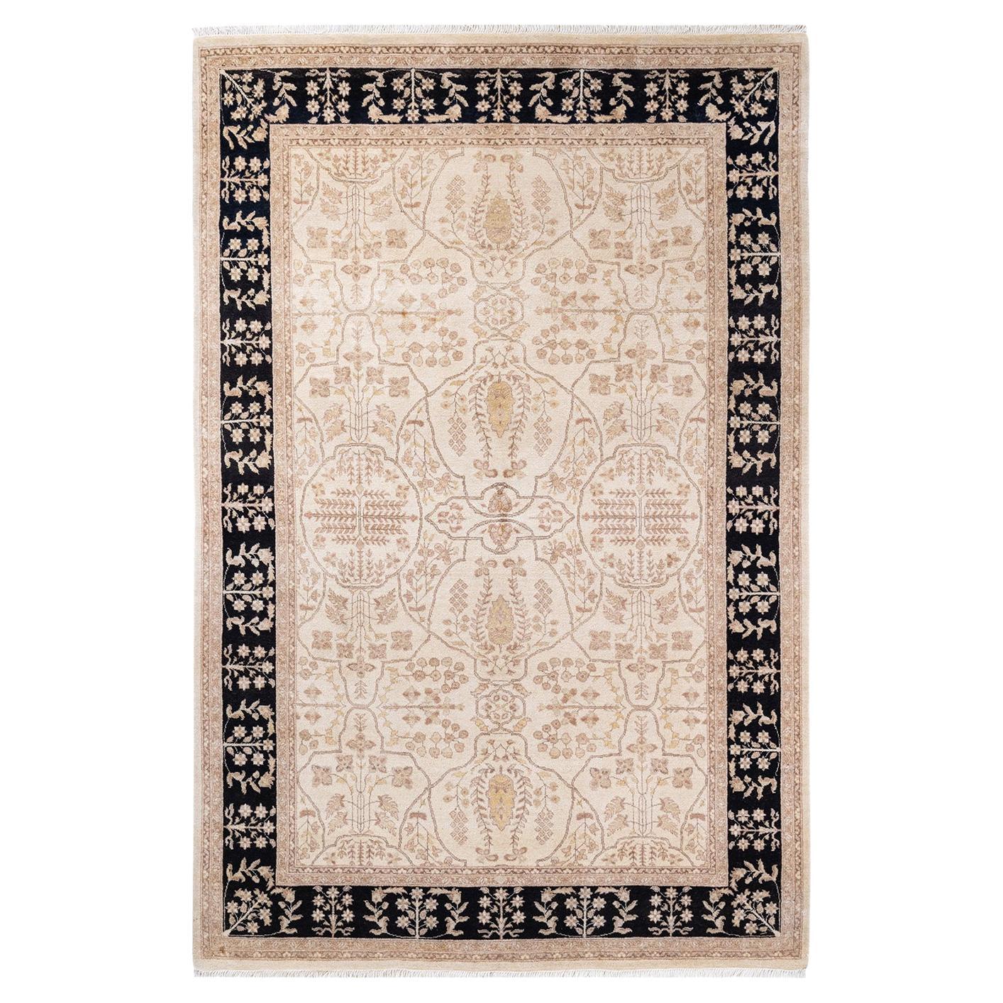 One of a Kind Hand Knotted Contemporary Oriental Eclectic Ivory Area Rug  For Sale