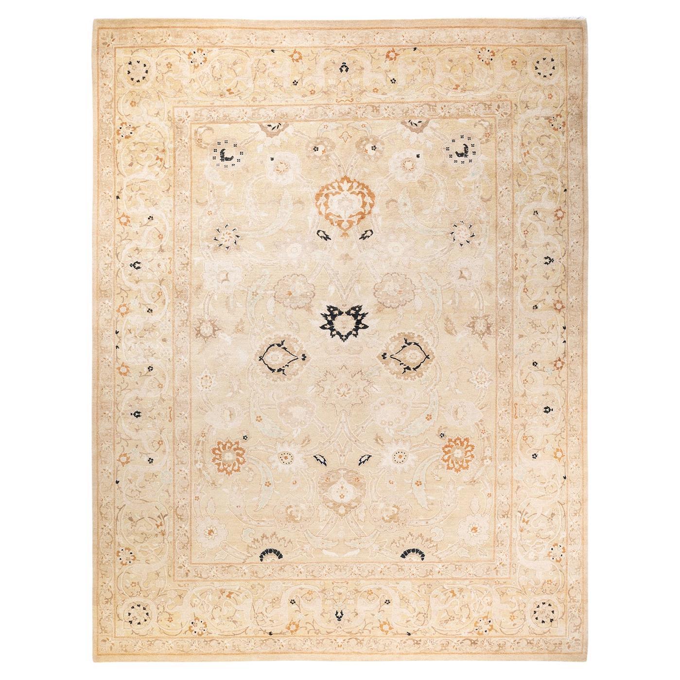 One of a Kind Hand Knotted Contemporary Oriental Eclectic Ivory Area Rug For Sale