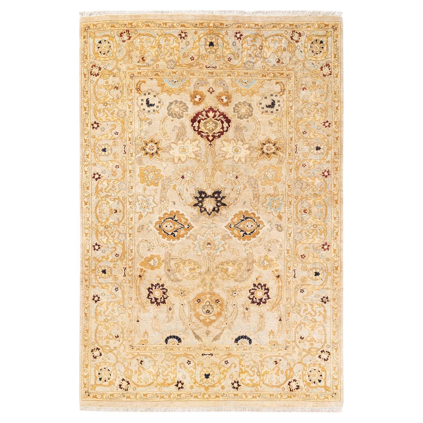 One of a Kind Hand Knotted Contemporary Oriental Eclectic Ivory Area Rug For Sale