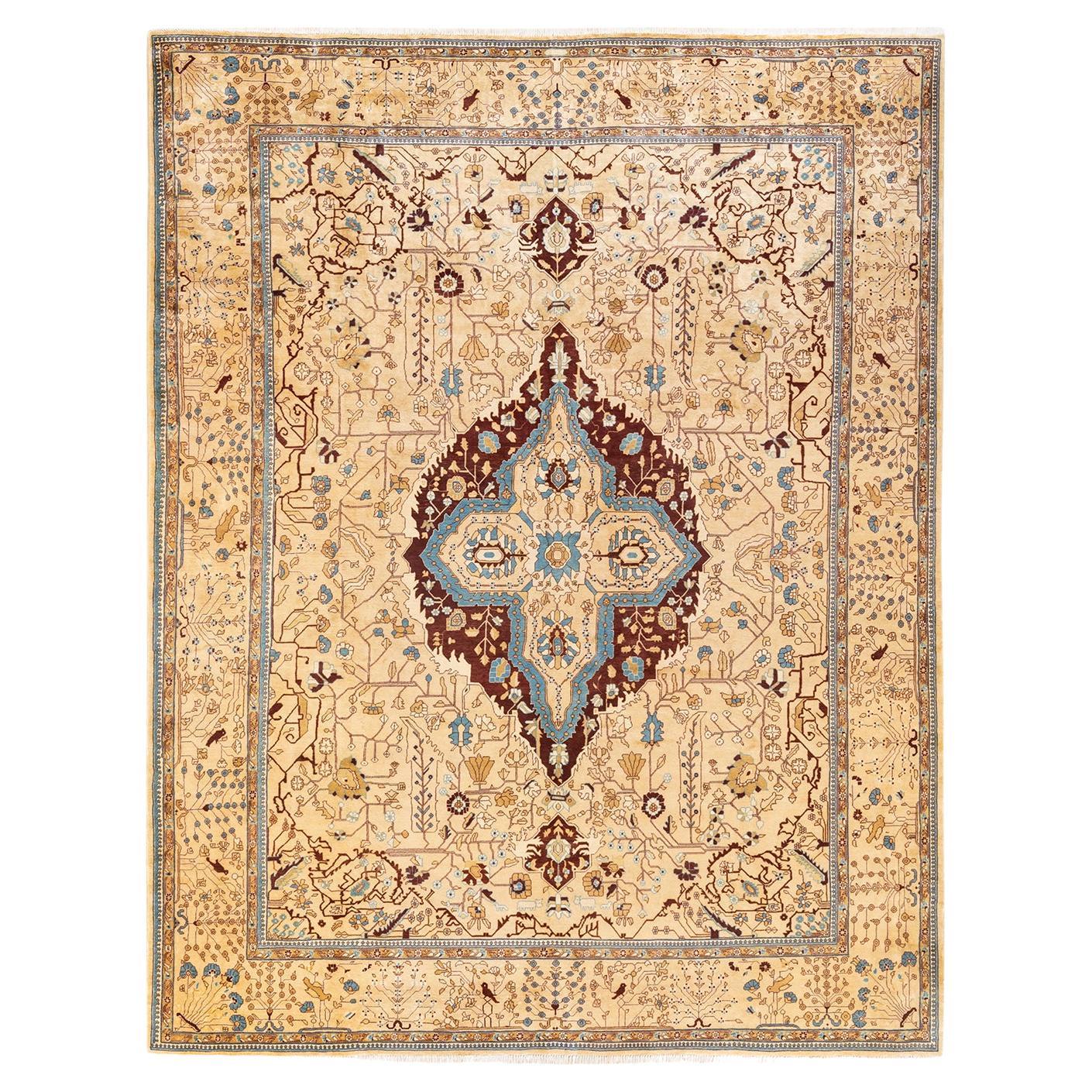 Hand Knotted Contemporary Oriental Eclectic Ivory Area Rug - 8' 10" x 11' 3" For Sale