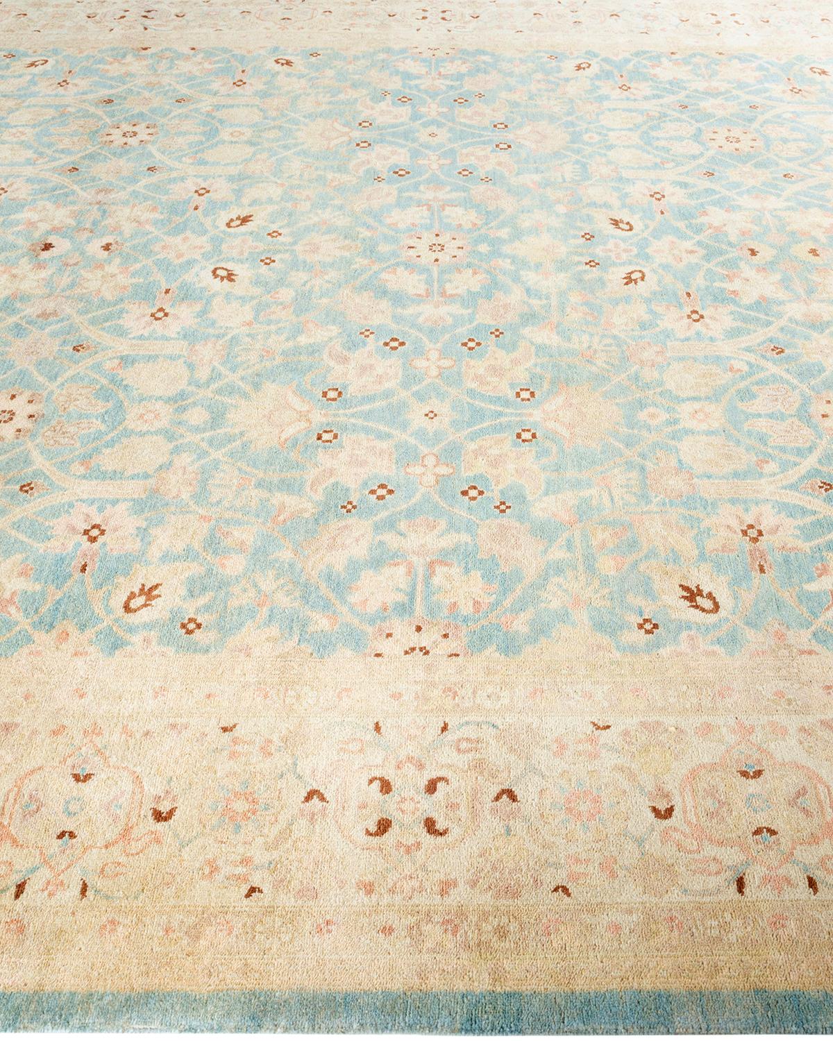 One of a Kind Hand Knotted Contemporary Oriental Eclectic Light Blue Area Rug In New Condition For Sale In Norwalk, CT