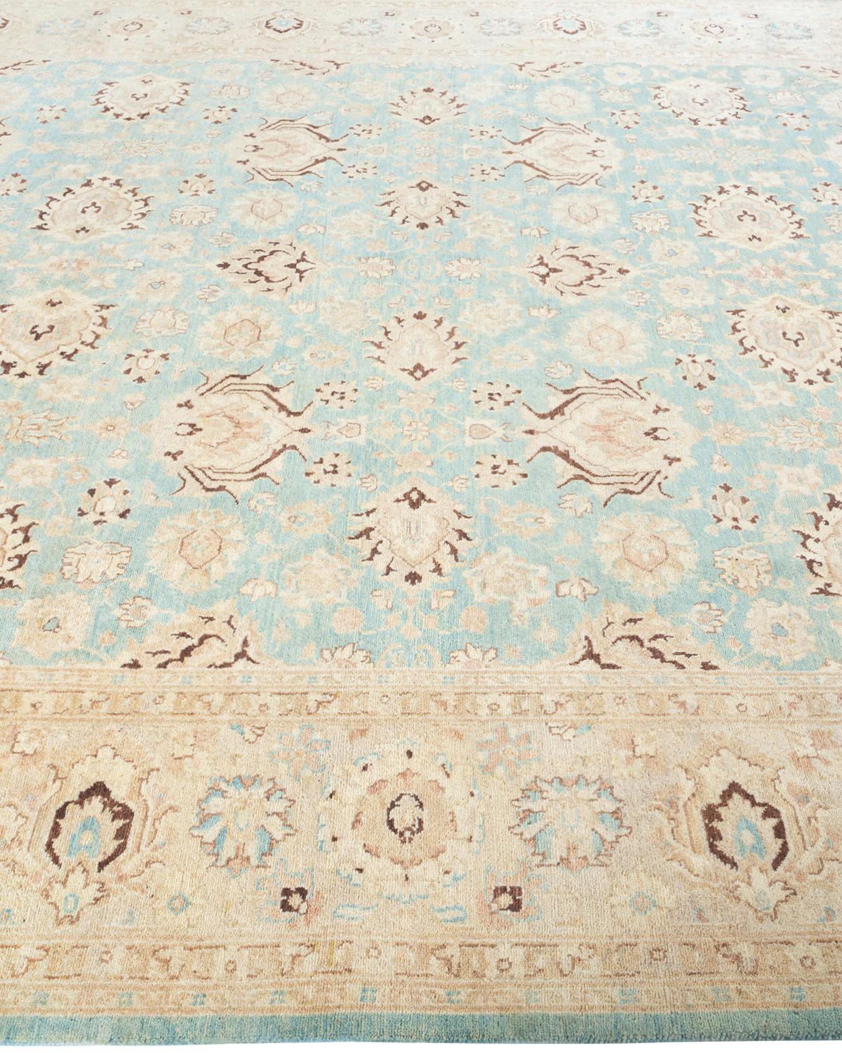 One of a Kind Hand Knotted Contemporary Oriental Eclectic Light Blue Area Rug In New Condition For Sale In Norwalk, CT