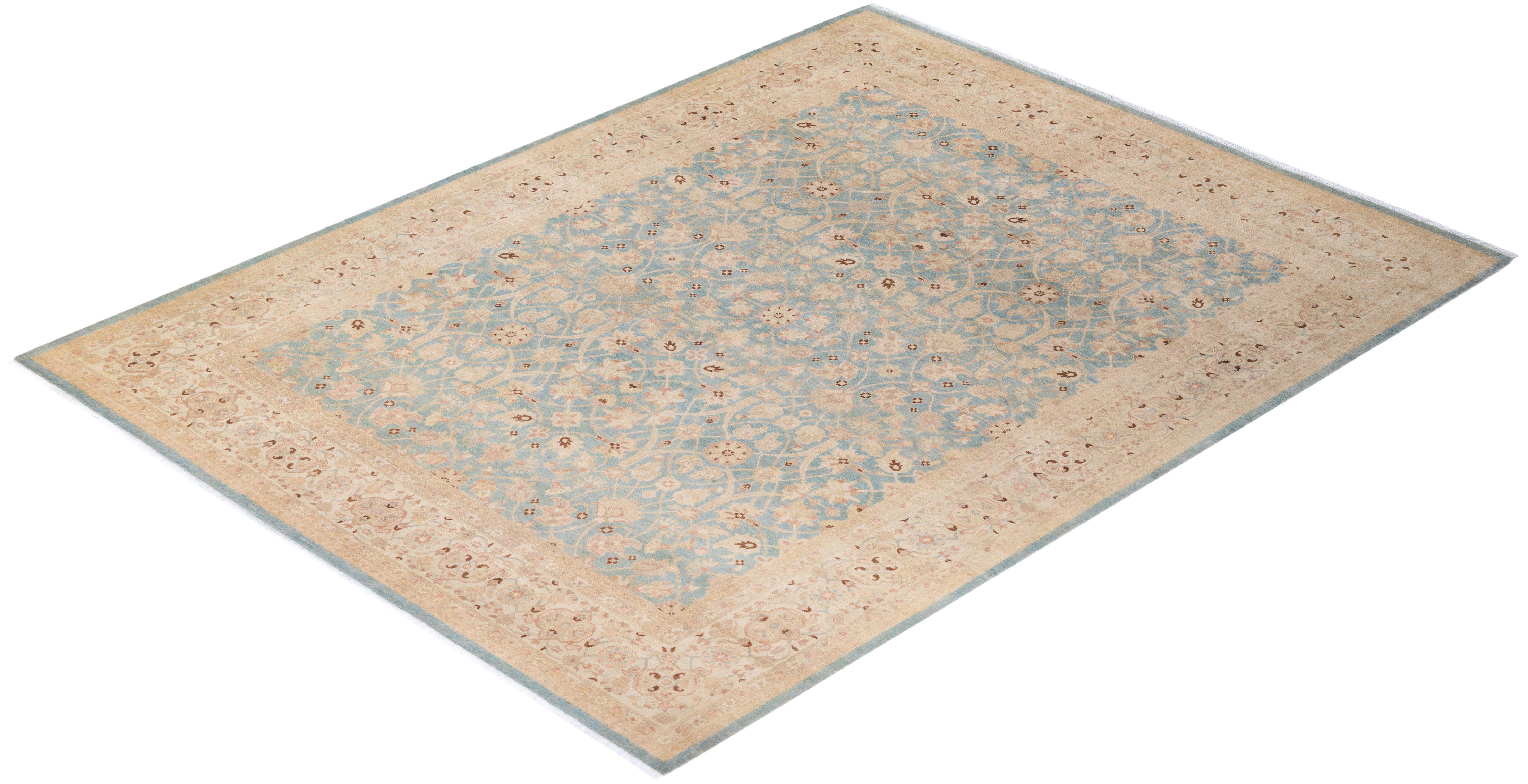 One of a Kind Hand Knotted Contemporary Oriental Eclectic Light Blue Area Rug For Sale 3