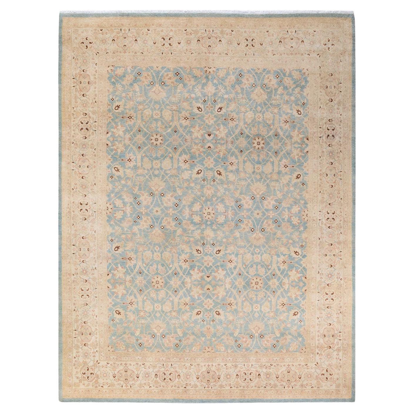 One of a Kind Hand Knotted Contemporary Oriental Eclectic Light Blue Area Rug For Sale