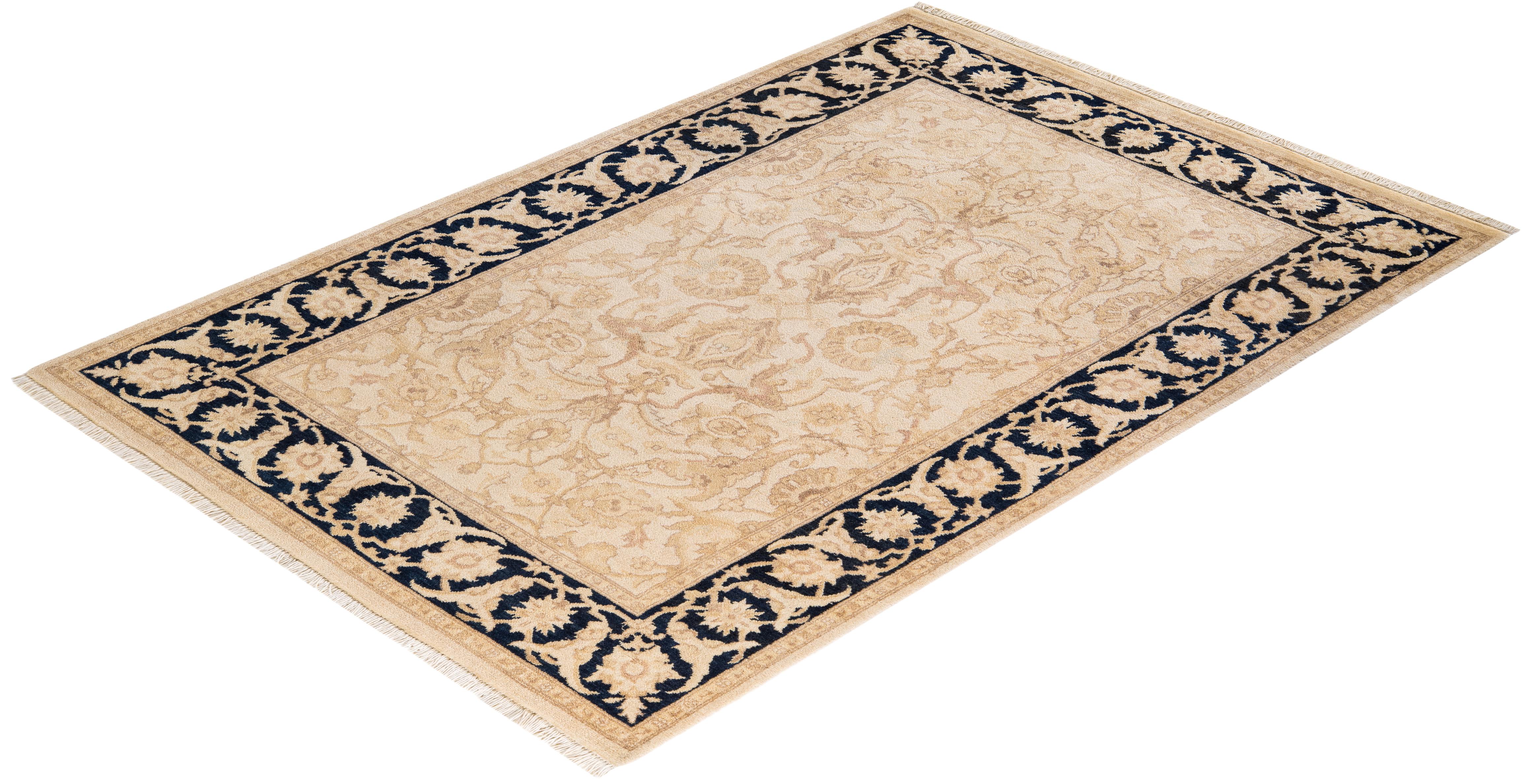 One of a Kind Hand Knotted Contemporary Oriental Ivory Area Rug For Sale 3