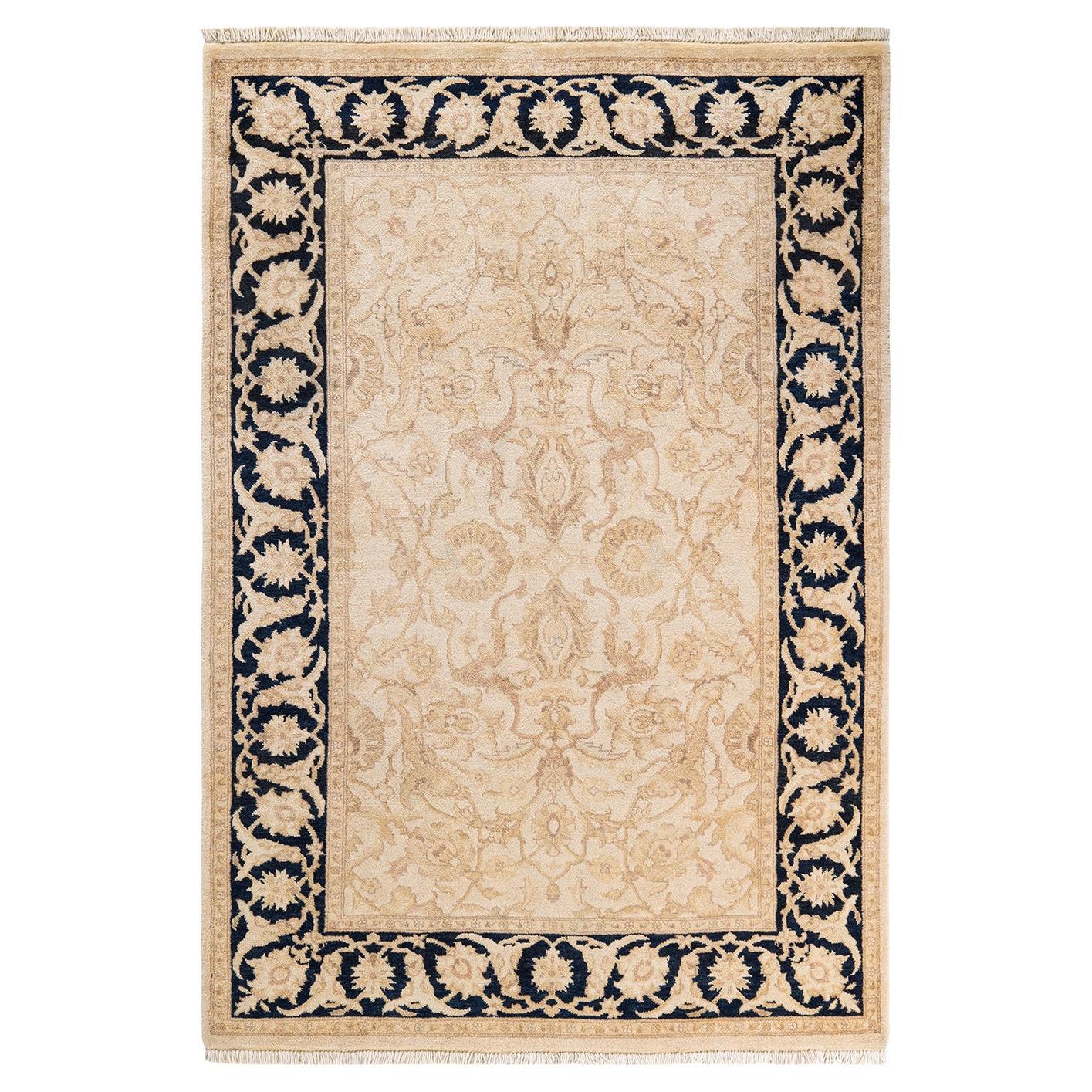 One of a Kind Hand Knotted Contemporary Oriental Ivory Area Rug For Sale