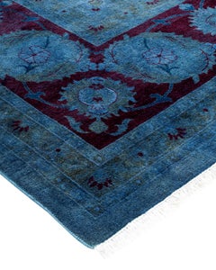One of a Kind Hand Knotted Contemporary Overdyed Blue Area Rug
