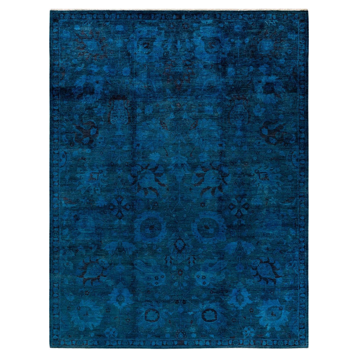 One of a Kind Hand Knotted Contemporary Overdyed Blue Area Rug